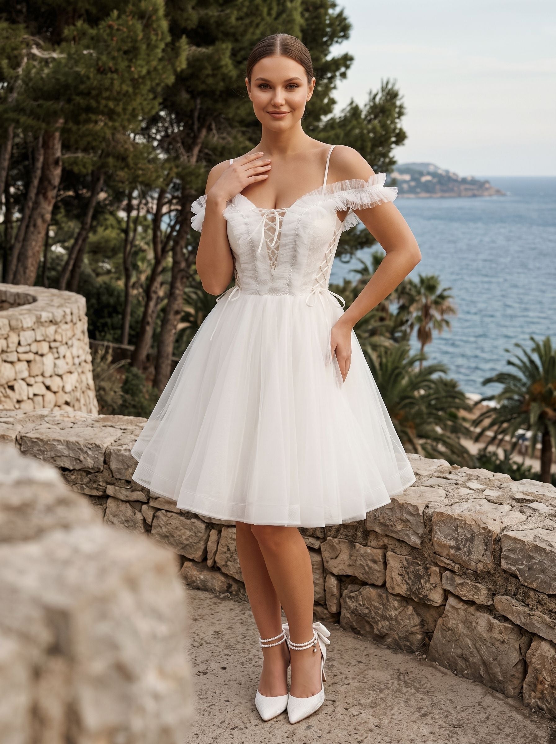 White Tulle A-Line Off-the-Shoulder Lace-up Short Dress with Spaghetti Straps