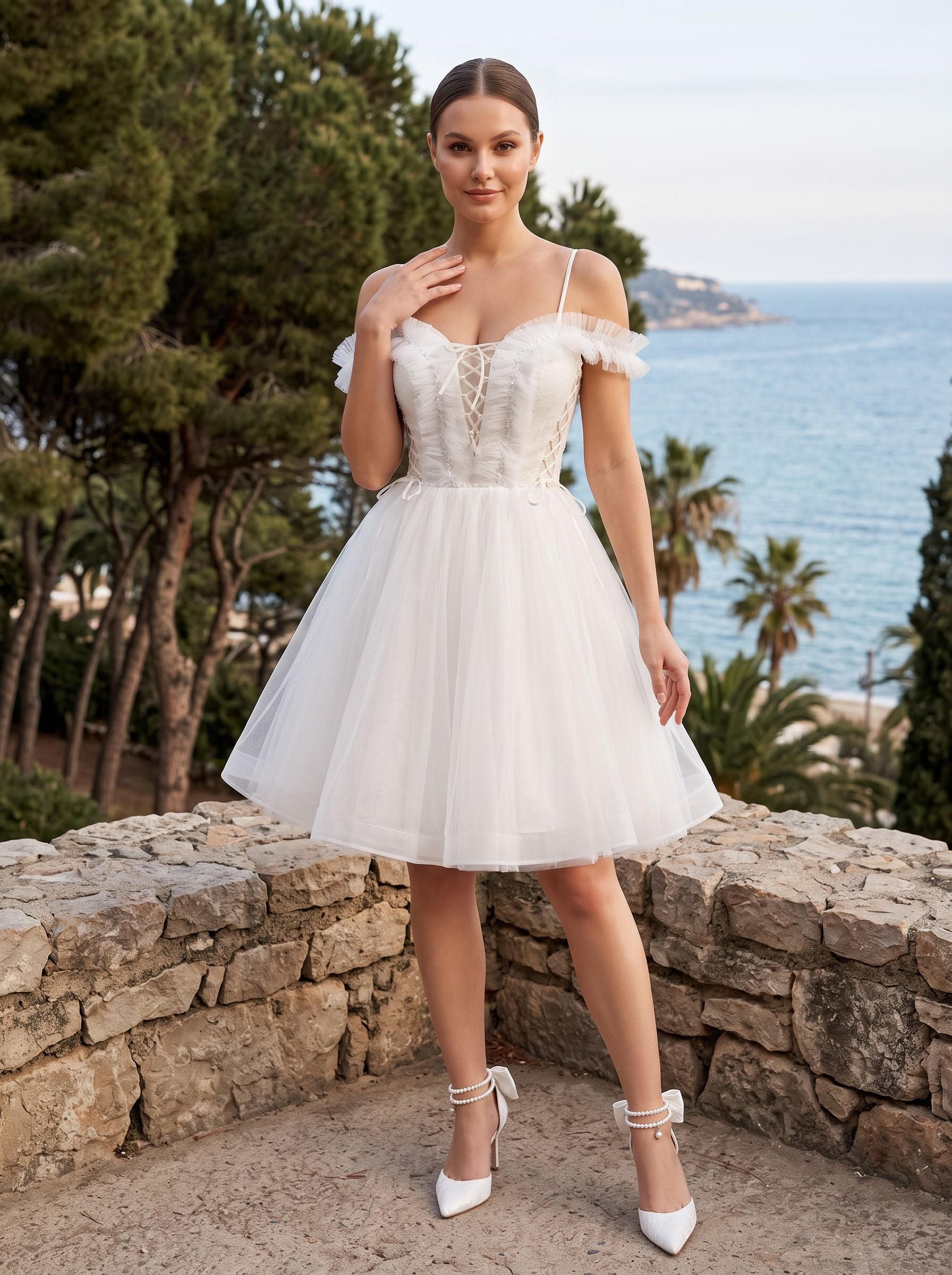 White Tulle A-Line Off-the-Shoulder Lace-up Short Dress with Spaghetti Straps