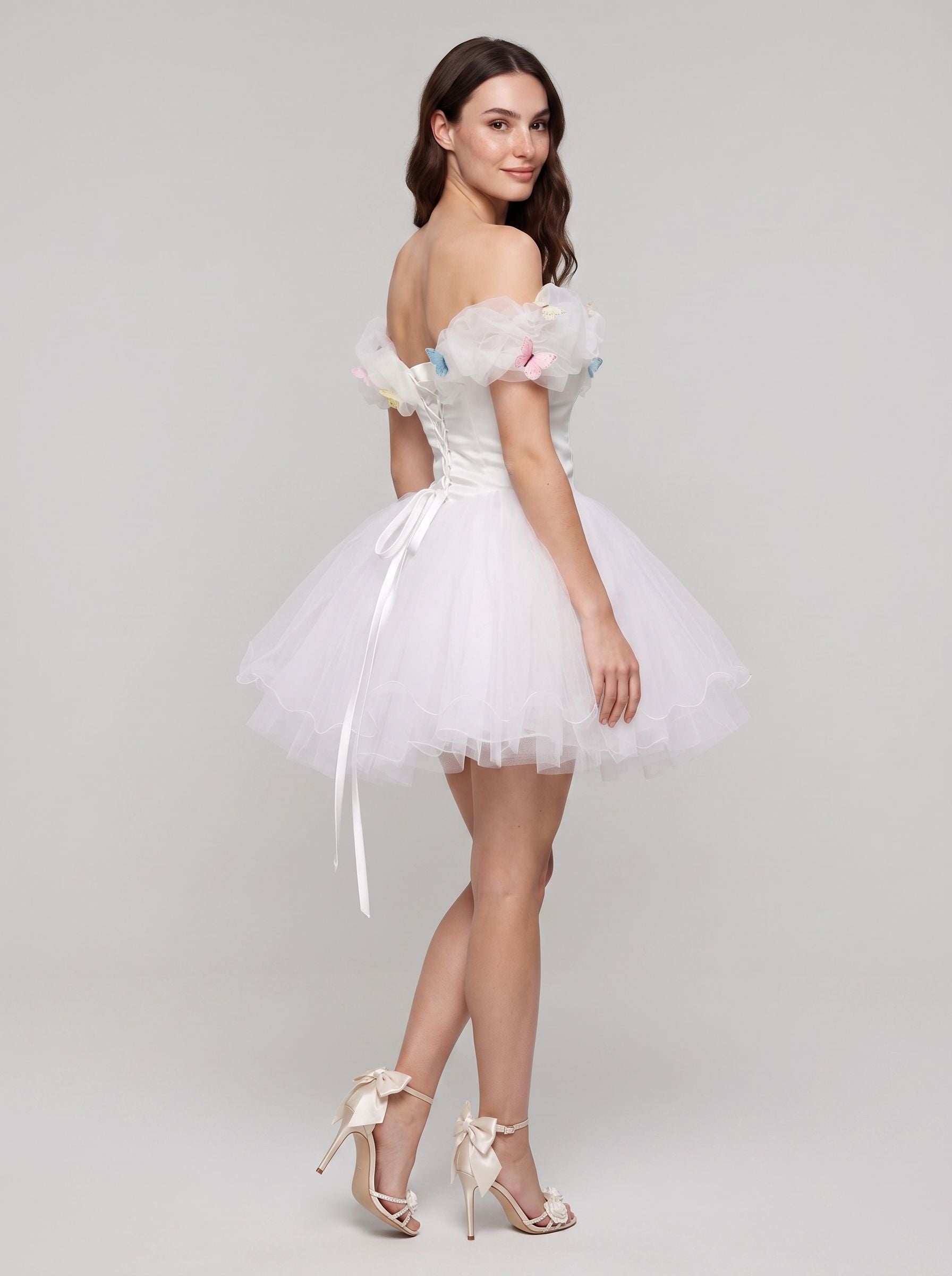 White Tulle A-Line Off-the-Shoulder Criss-Cross Straps Short Dress with Pleated Bodice