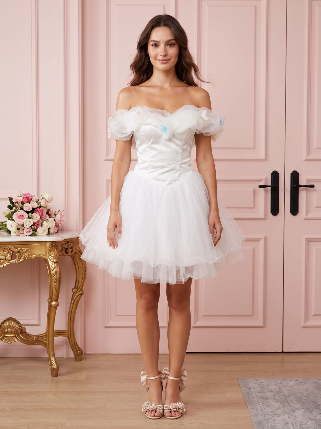 White Tulle A-Line Off-the-Shoulder Criss-Cross Straps Short Dress with Pleated Bodice