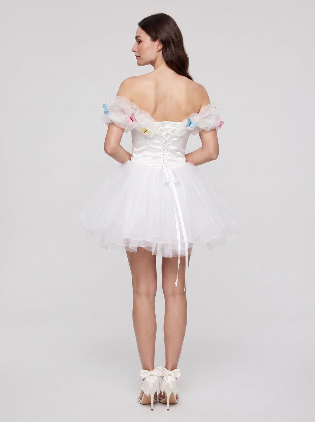 White Tulle A-Line Off-the-Shoulder Criss-Cross Straps Short Dress with Pleated Bodice