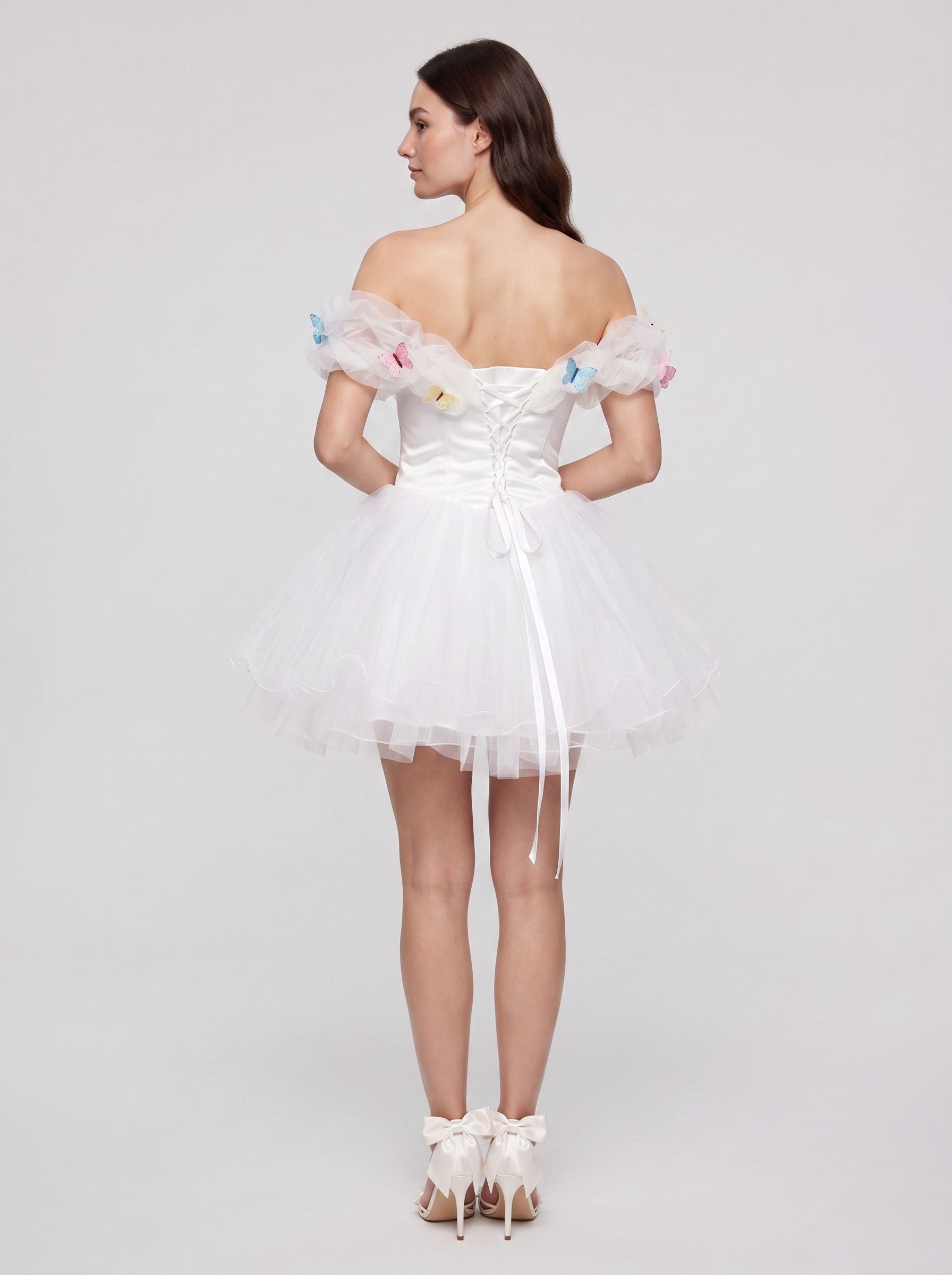 White Tulle A-Line Off-the-Shoulder Criss-Cross Straps Short Dress with Pleated Bodice