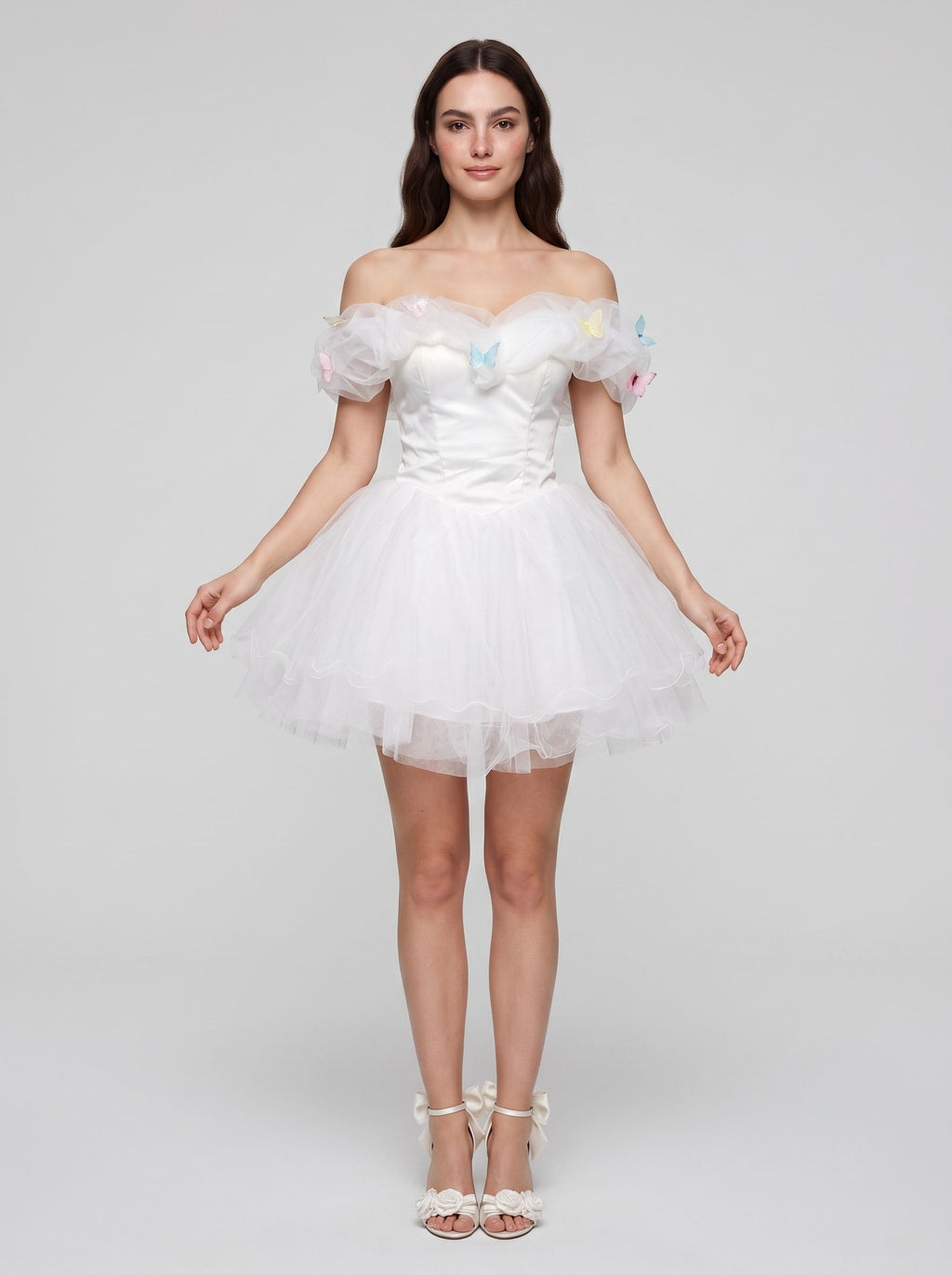 White Tulle A-Line Off-the-Shoulder Criss-Cross Straps Short Dress with Pleated Bodice