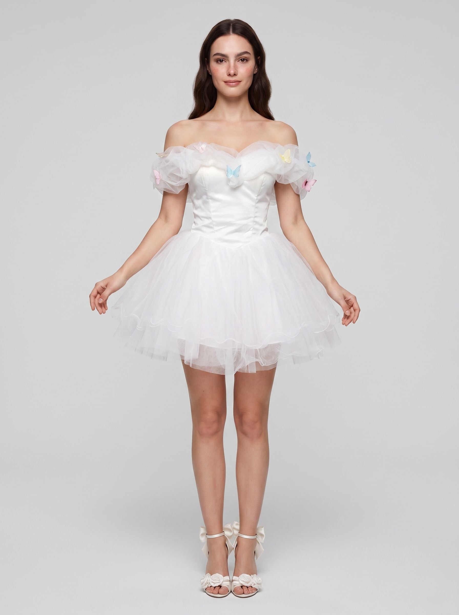 White Tulle A-Line Off-the-Shoulder Criss-Cross Straps Short Dress with Pleated Bodice