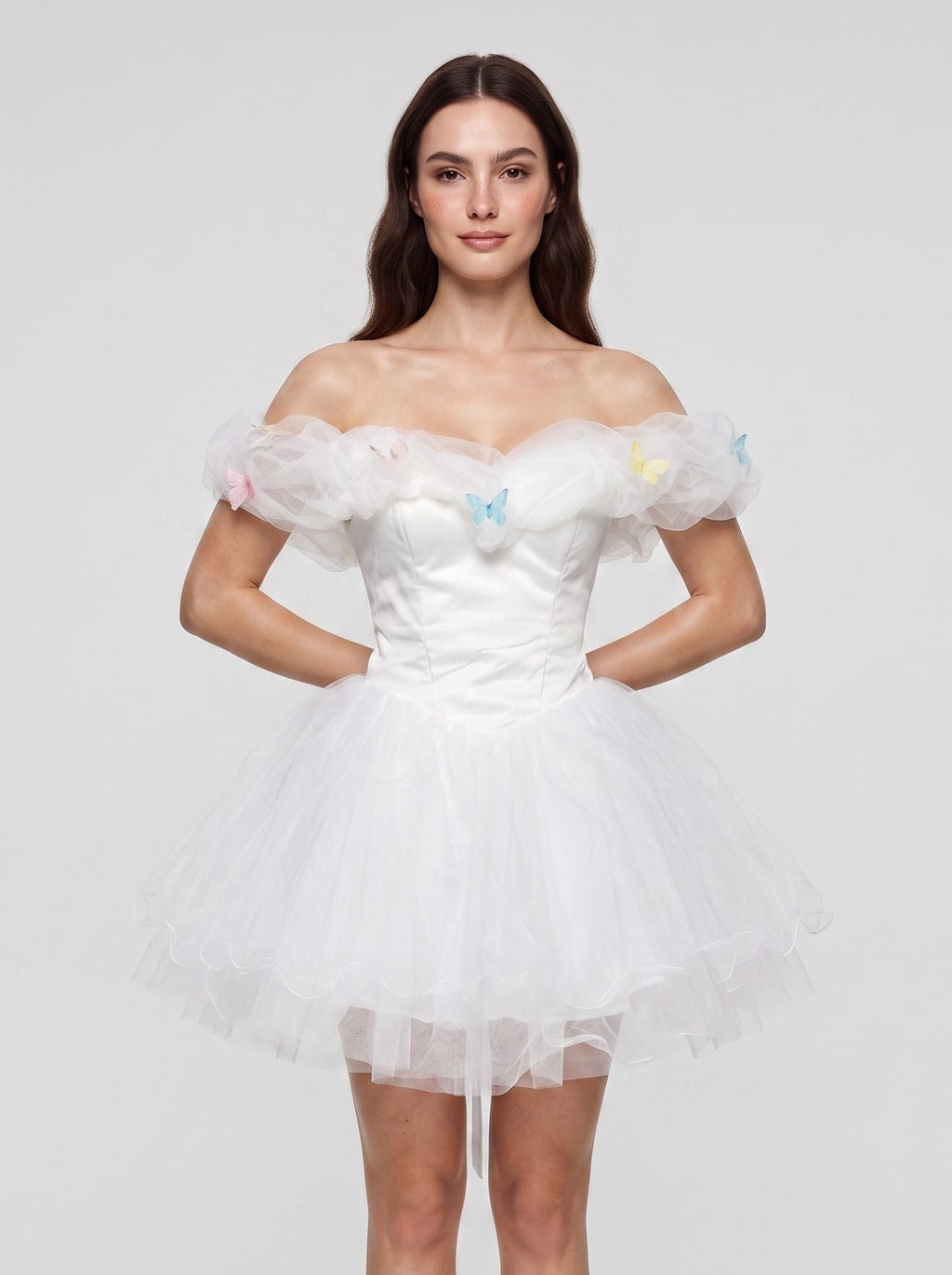 White Tulle A-Line Off-the-Shoulder Criss-Cross Straps Short Dress with Pleated Bodice