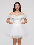 White Tulle A-Line Off-the-Shoulder Criss-Cross Straps Short Dress with Pleated Bodice