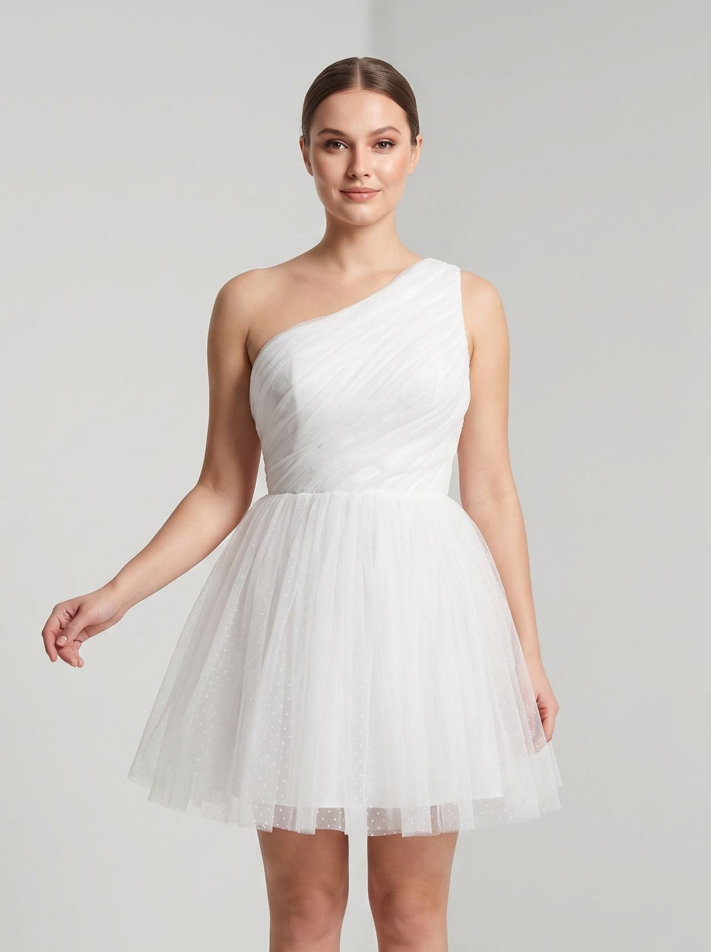 White Tulle A-Line One Shoulder Side Zip Short Dress with Polka Dots
