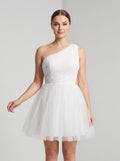 White Tulle A-Line One Shoulder Side Zip Short Dress with Polka Dots