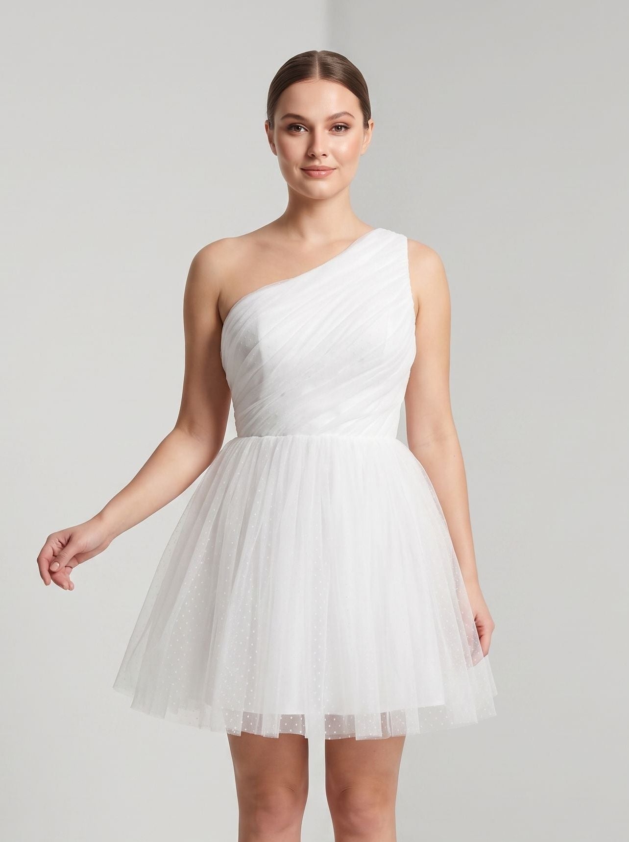 White Tulle A-Line One Shoulder Side Zip Short Dress with Polka Dots