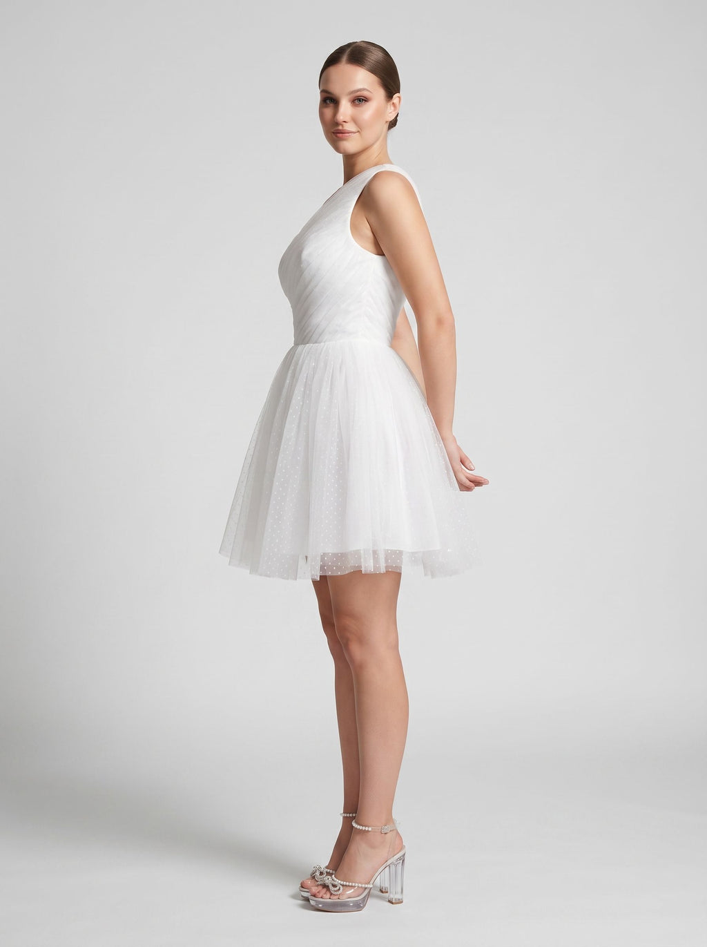 White Tulle A-Line One Shoulder Side Zip Short Dress with Polka Dots