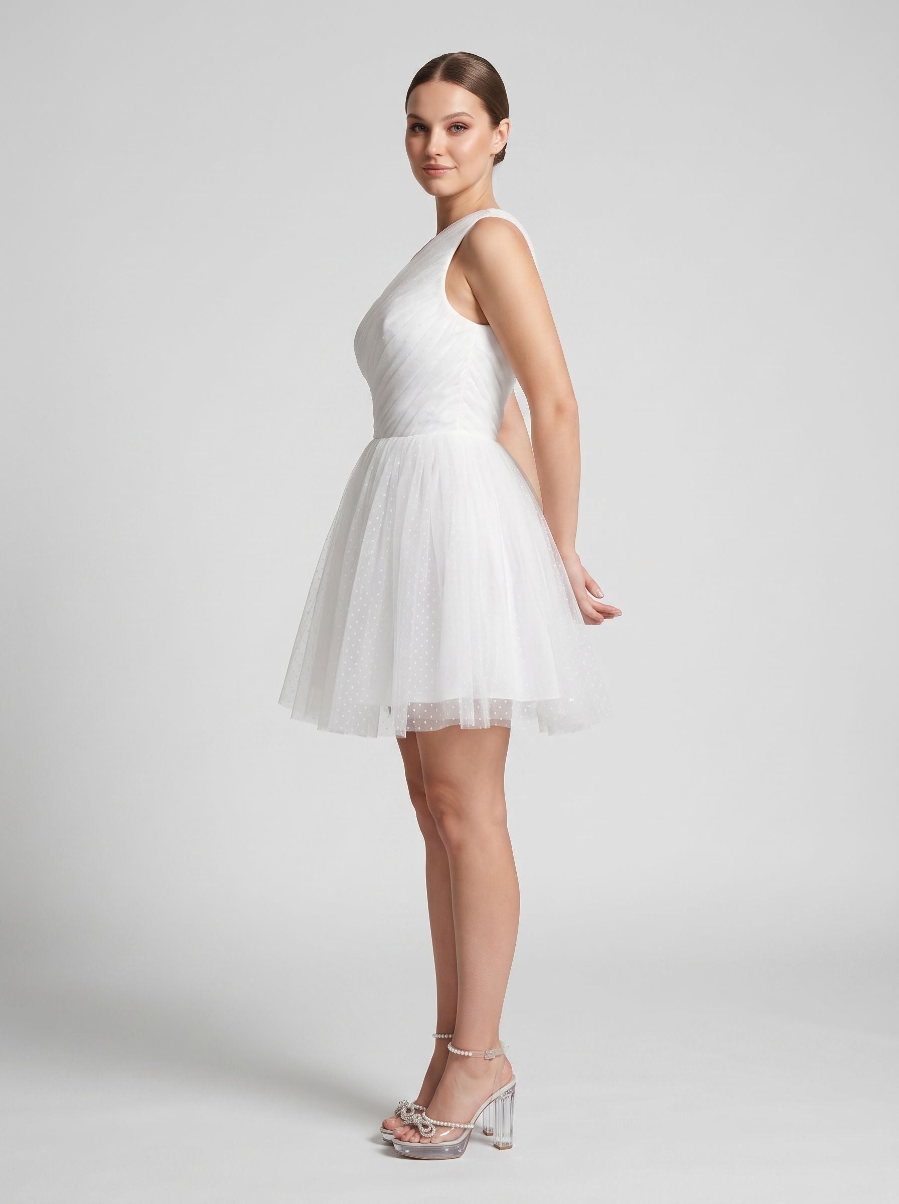 White Tulle A-Line One Shoulder Side Zip Short Dress with Polka Dots