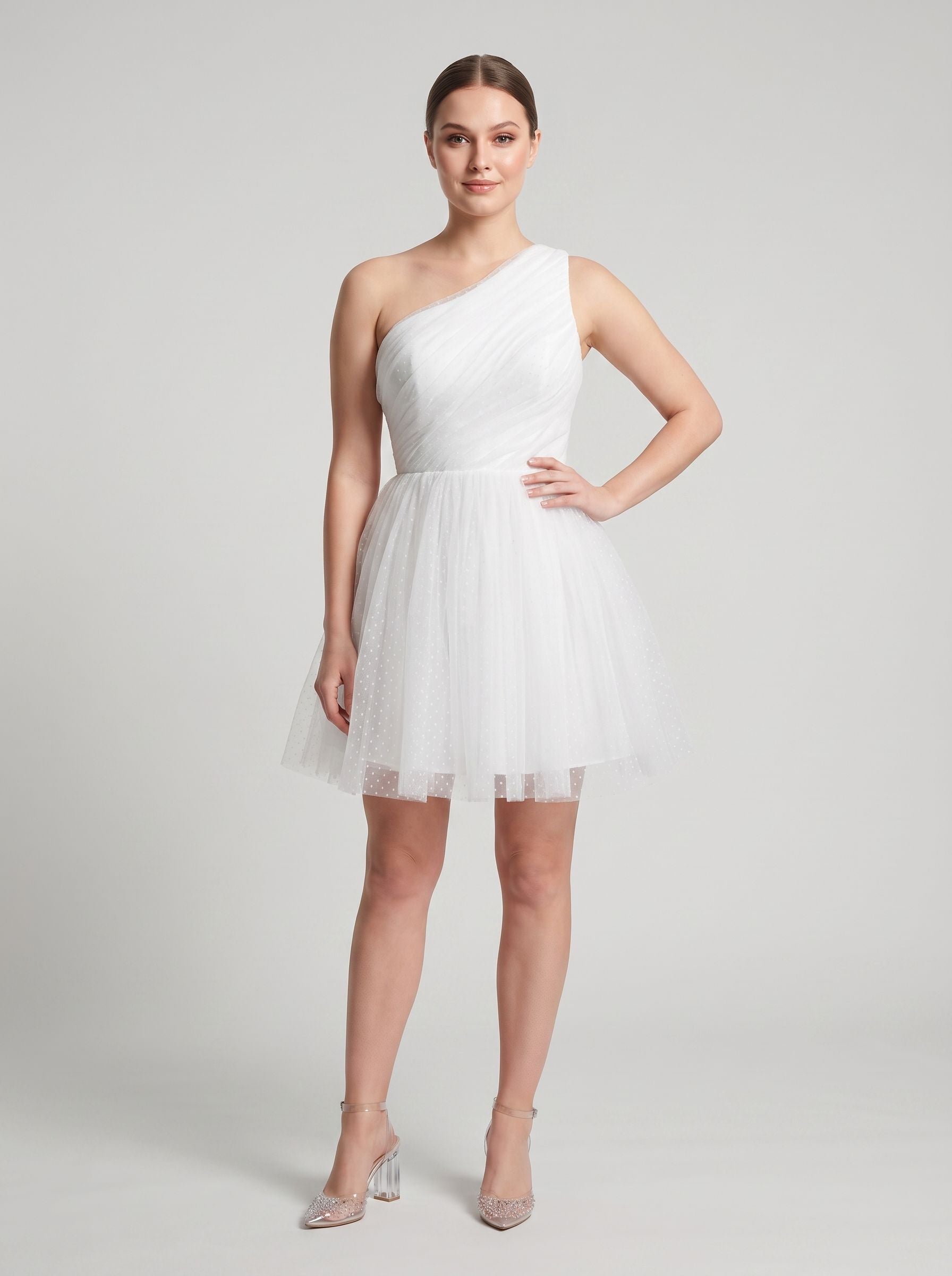 White Tulle A-Line One Shoulder Side Zip Short Dress with Polka Dots