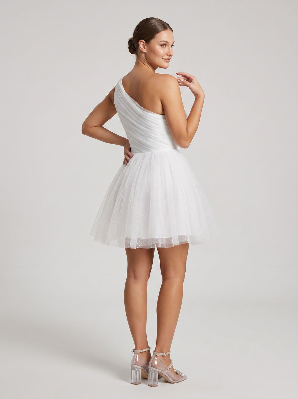 White Tulle A-Line One Shoulder Side Zip Short Dress with Polka Dots