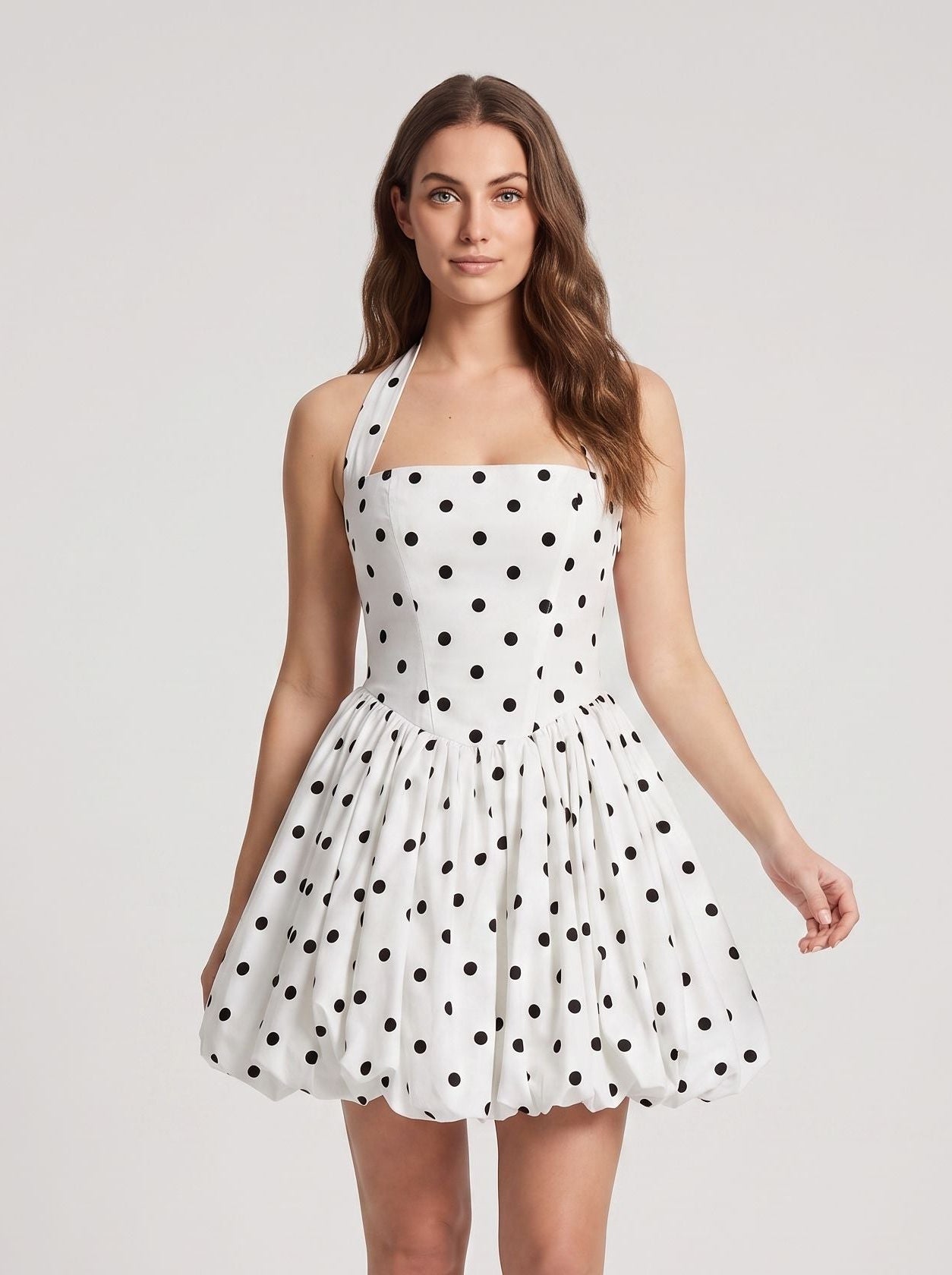 White Matte Satin A-Line Halter Neckline Lace-up Short Dress with Polka Dots