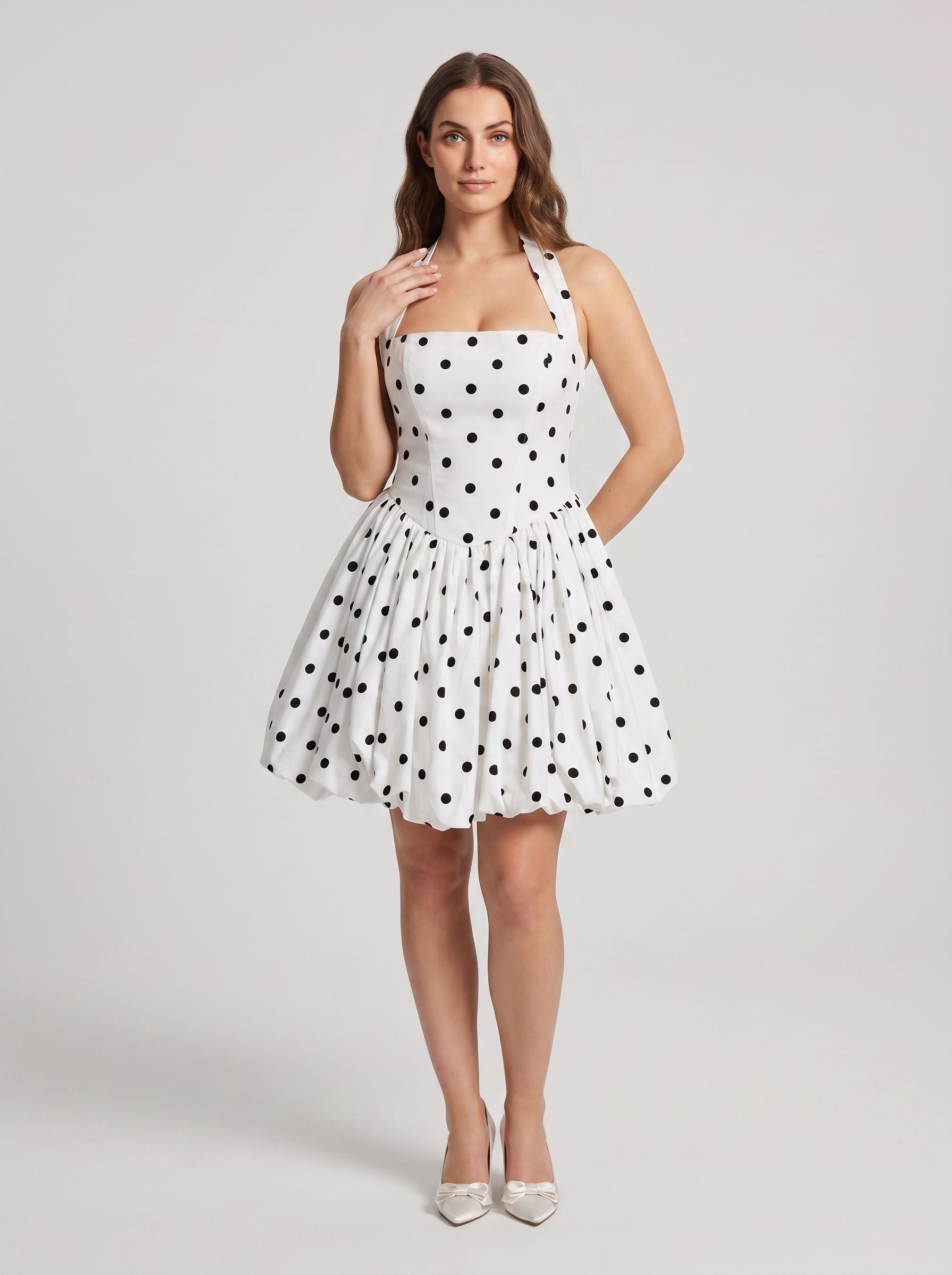 White Matte Satin A-Line Halter Neckline Lace-up Short Dress with Polka Dots