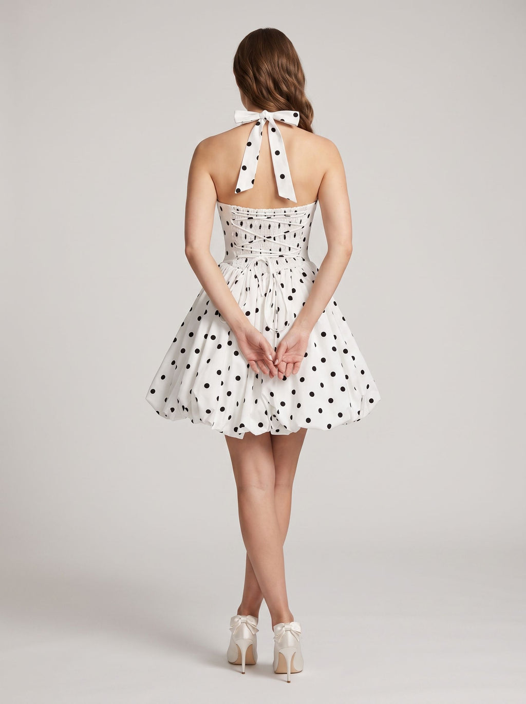 White Matte Satin A-Line Halter Neckline Lace-up Short Dress with Polka Dots