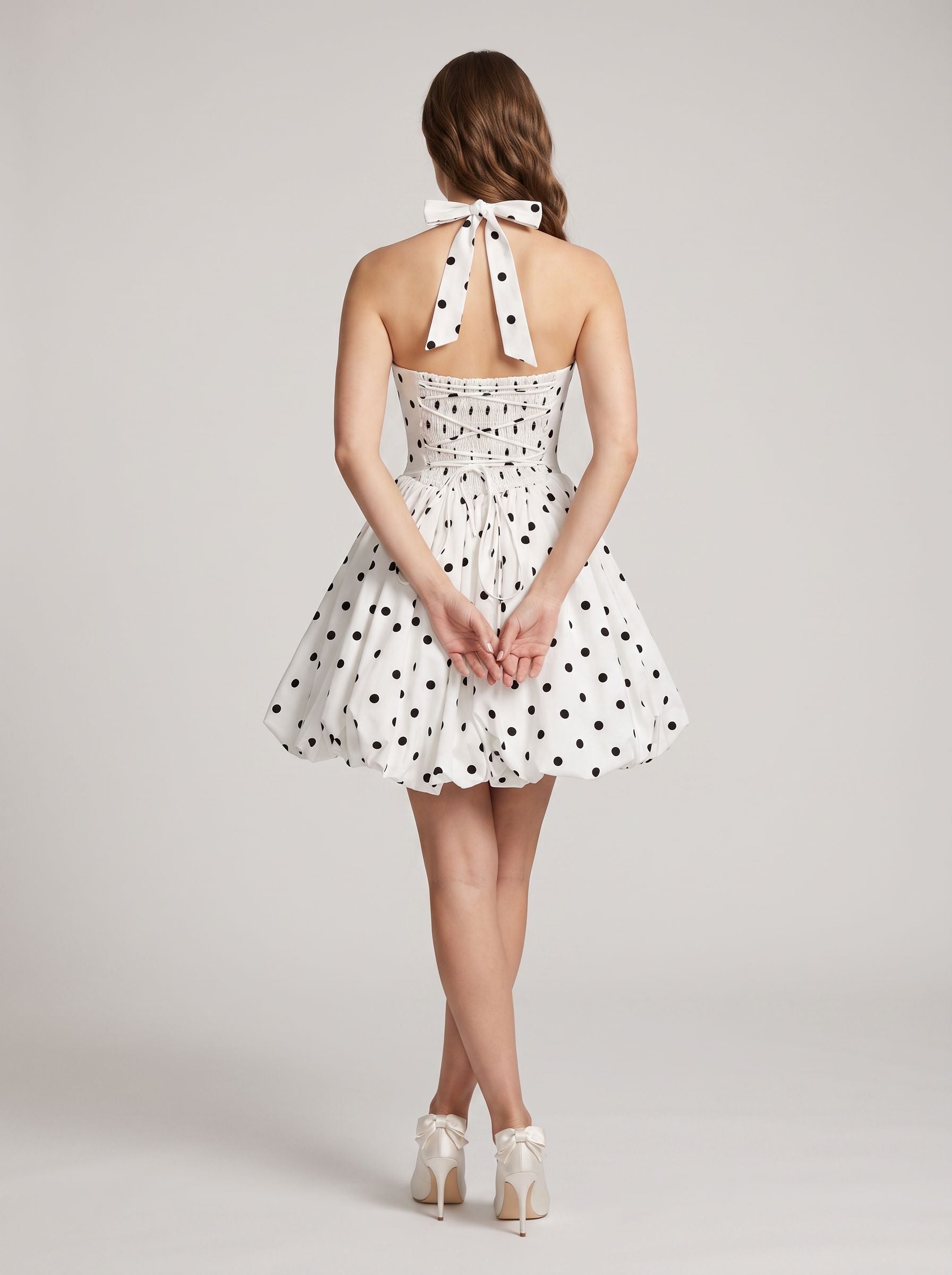 White Matte Satin A-Line Halter Neckline Lace-up Short Dress with Polka Dots