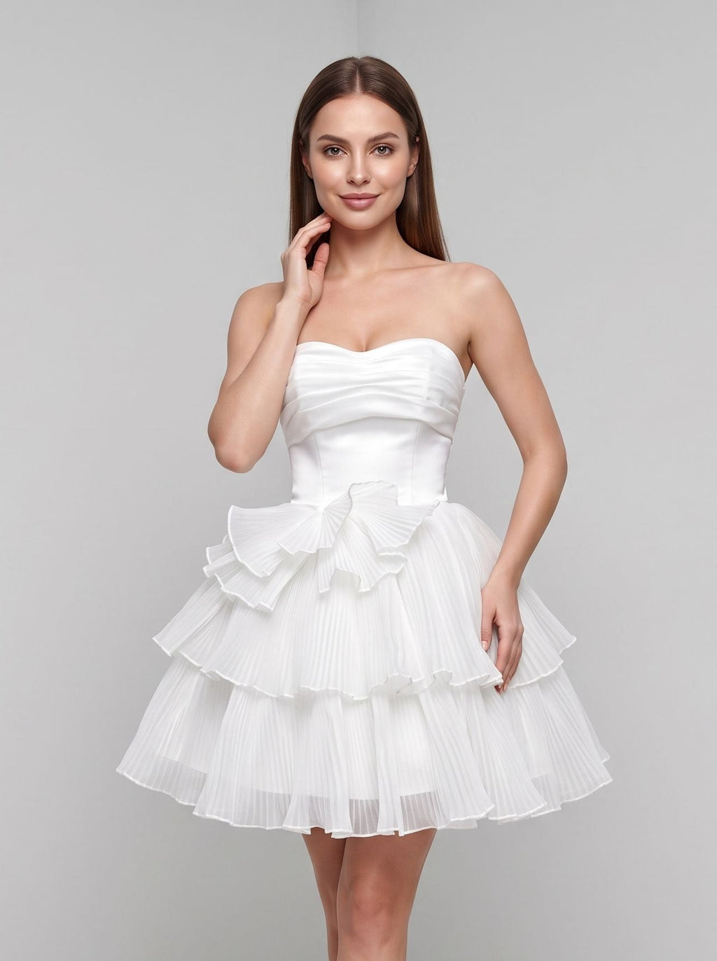 White Tulle A-Line Straight Neck Lace-up Short Dress with Layered Skirt