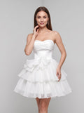 White Tulle A-Line Straight Neck Lace-up Short Dress with Layered Skirt