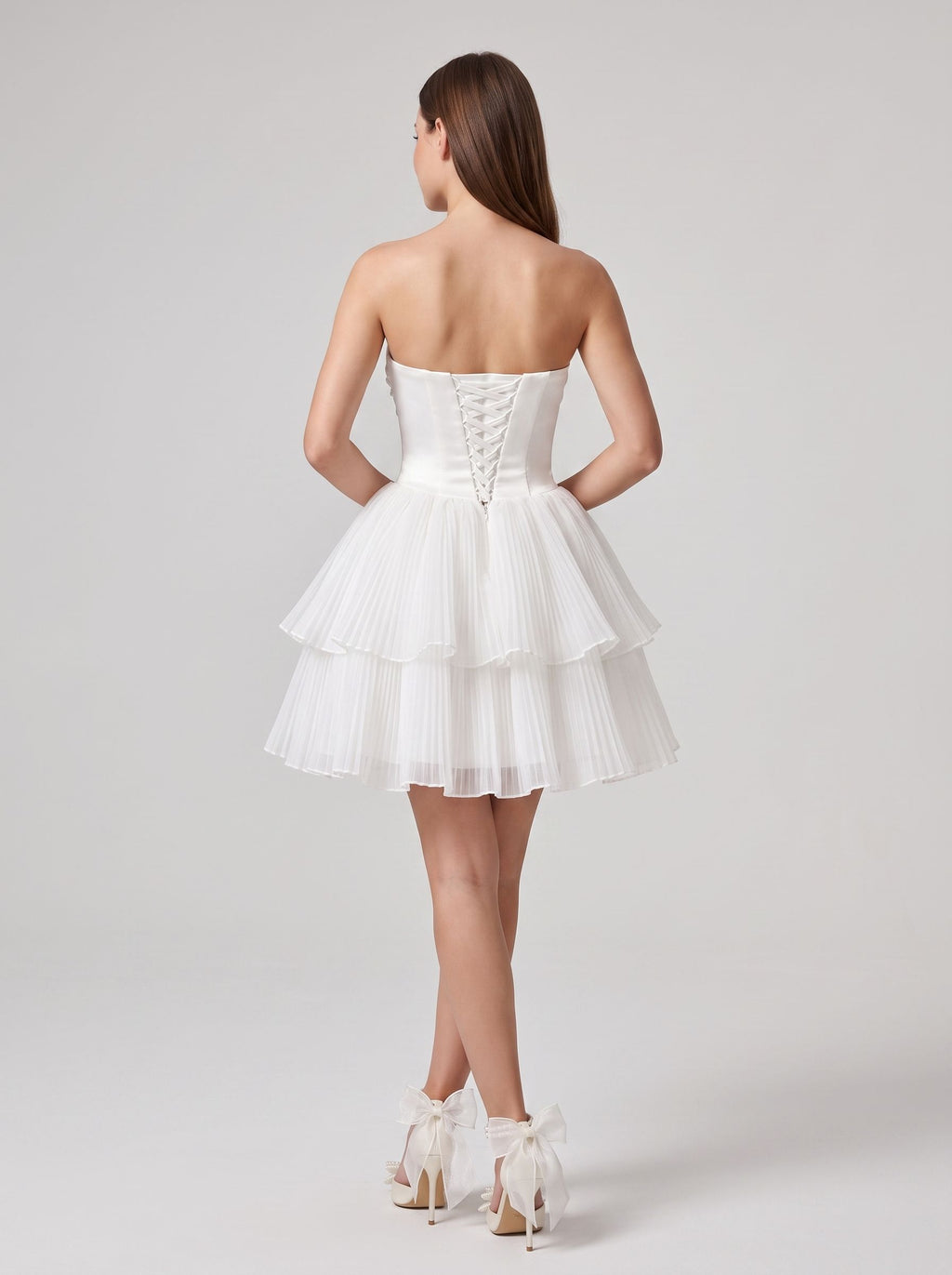 White Tulle A-Line Straight Neck Lace-up Short Dress with Layered Skirt
