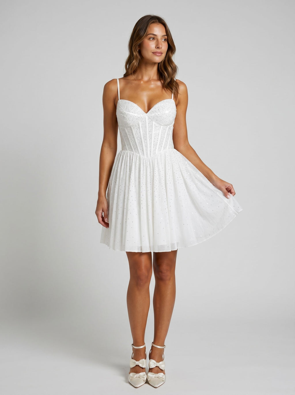 White Satin A-Line Sweetheart Back Zip Short Dress with Beading