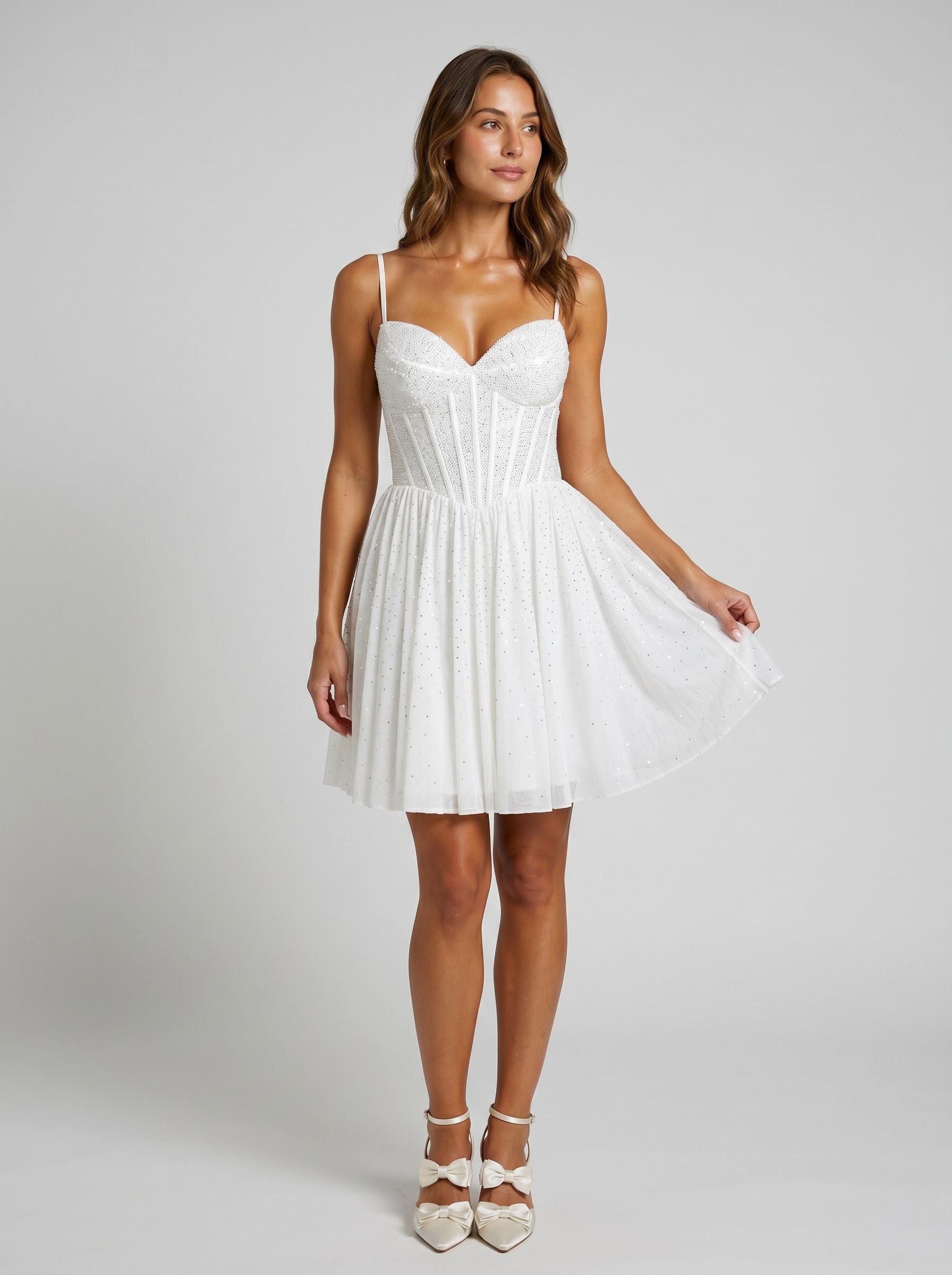 White Satin A-Line Sweetheart Back Zip Short Dress with Beading