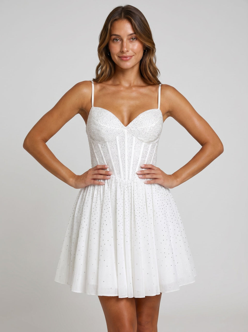 White Satin A-Line Sweetheart Back Zip Short Dress with Beading