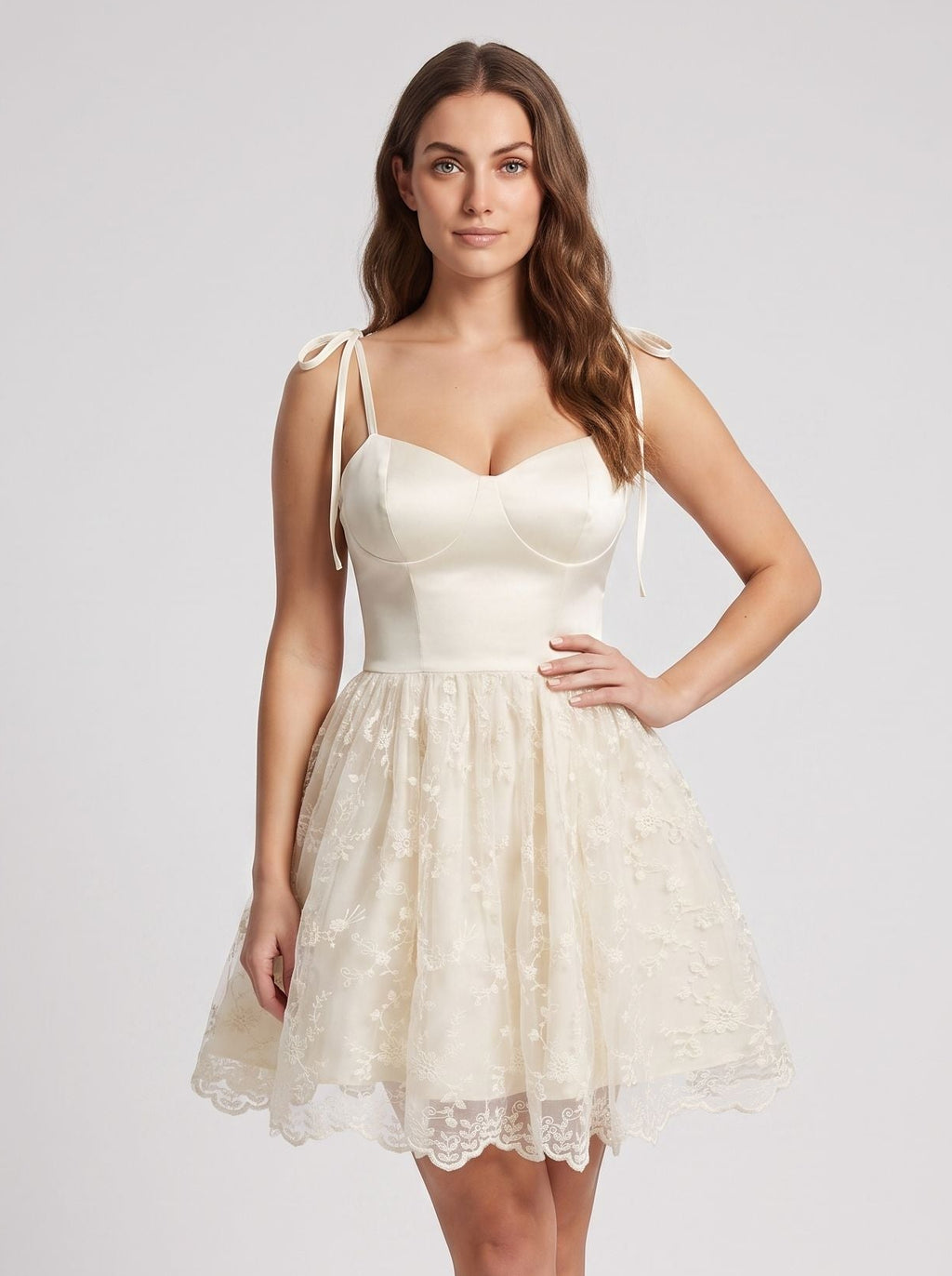 White Tulle A-Line Sweetheart Backless Short Dress with Floral Embroidery and Tie Straps