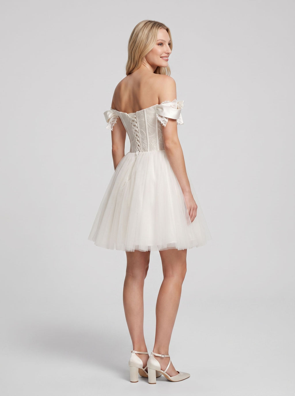 White Tulle A-Line Off-the-Shoulder Corset Back Short Dress with Beaded Bodice and Bow Accents
