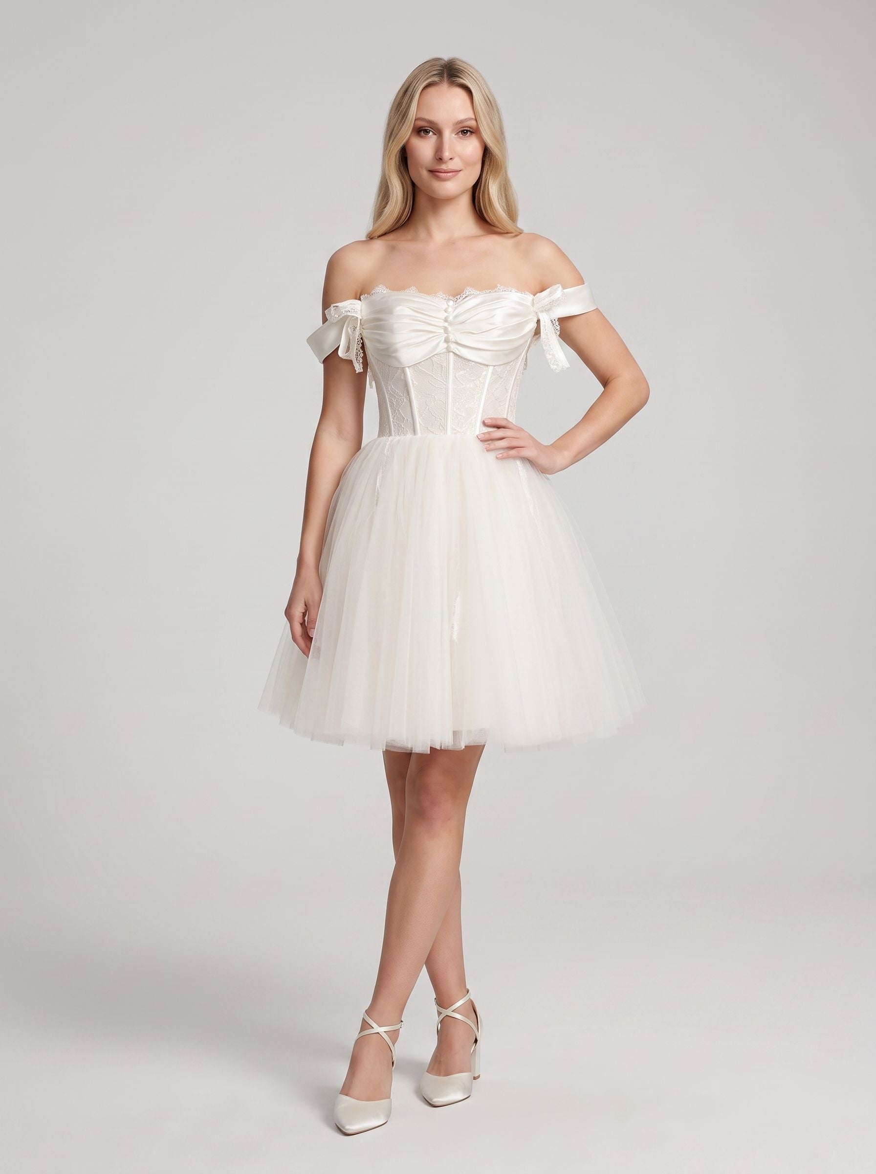 White Tulle A-Line Off-the-Shoulder Corset Back Short Dress with Beaded Bodice and Bow Accents