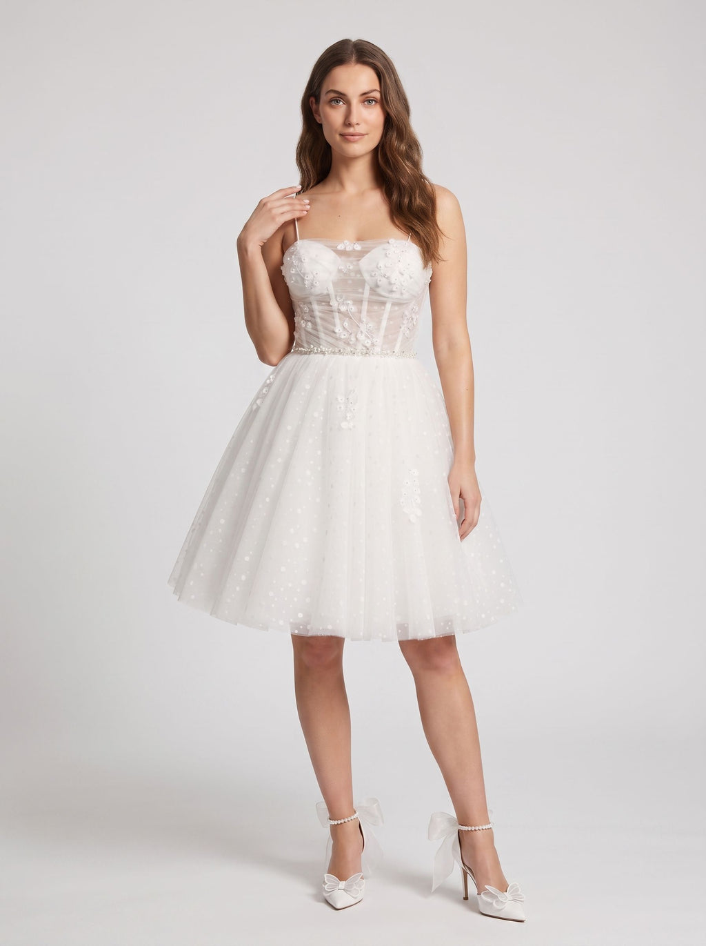 White Tulle A-Line Sweetheart Lace-up Short Dress with Applique Bodice