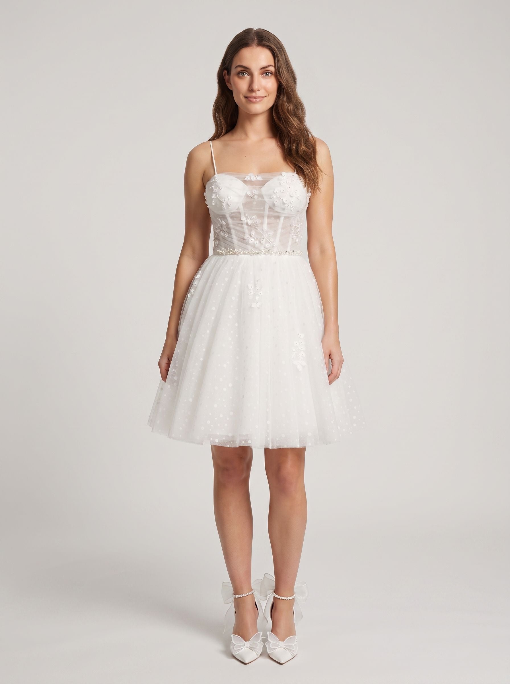 White Tulle A-Line Sweetheart Lace-up Short Dress with Applique Bodice