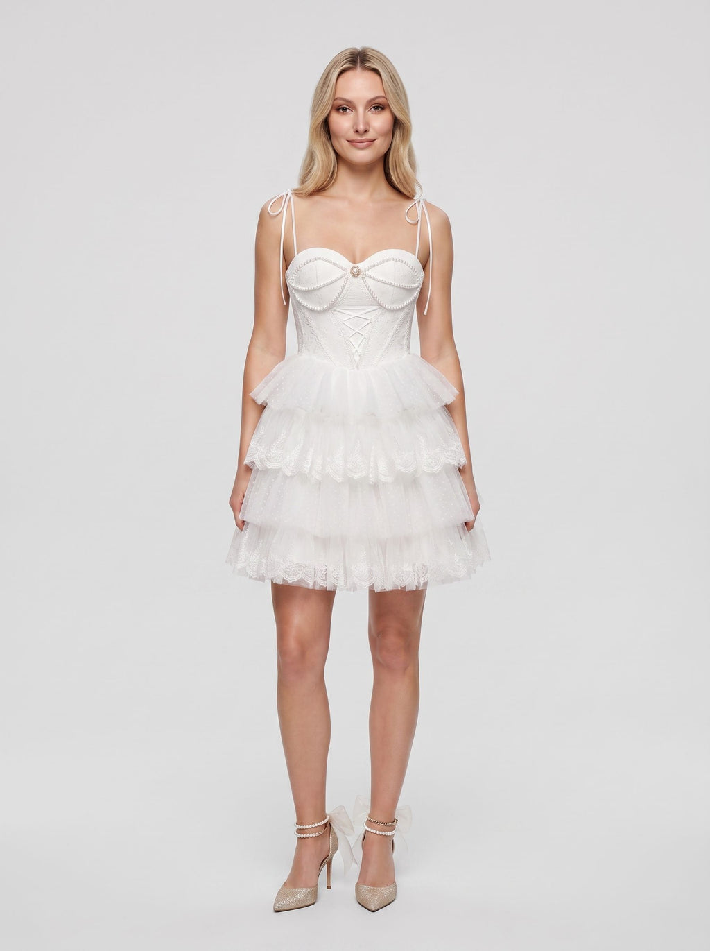 White Tulle A-Line Sweetheart Criss-Cross Straps Short Dress with Ruffled Tiers