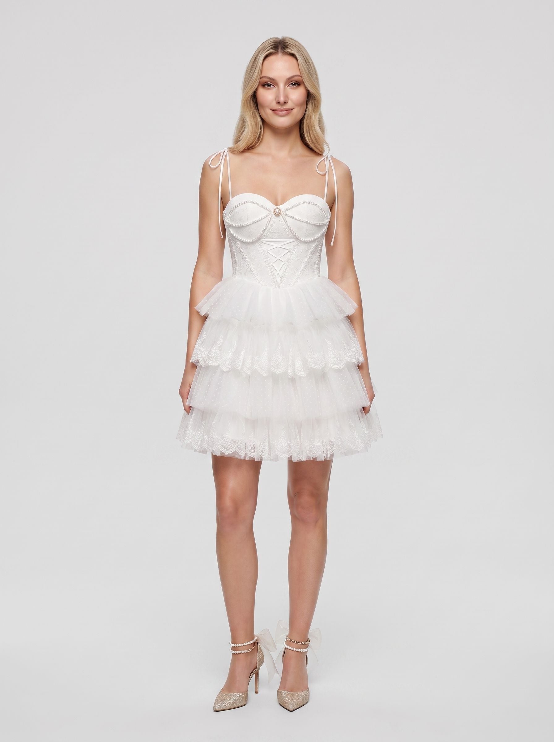 White Tulle A-Line Sweetheart Criss-Cross Straps Short Dress with Ruffled Tiers