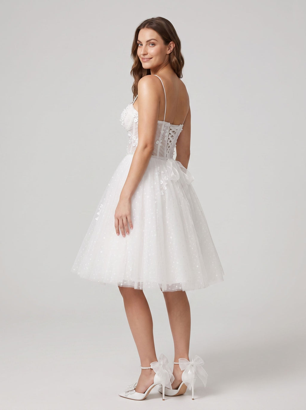 White Tulle A-Line Sweetheart Lace-up Short Dress with Applique Bodice