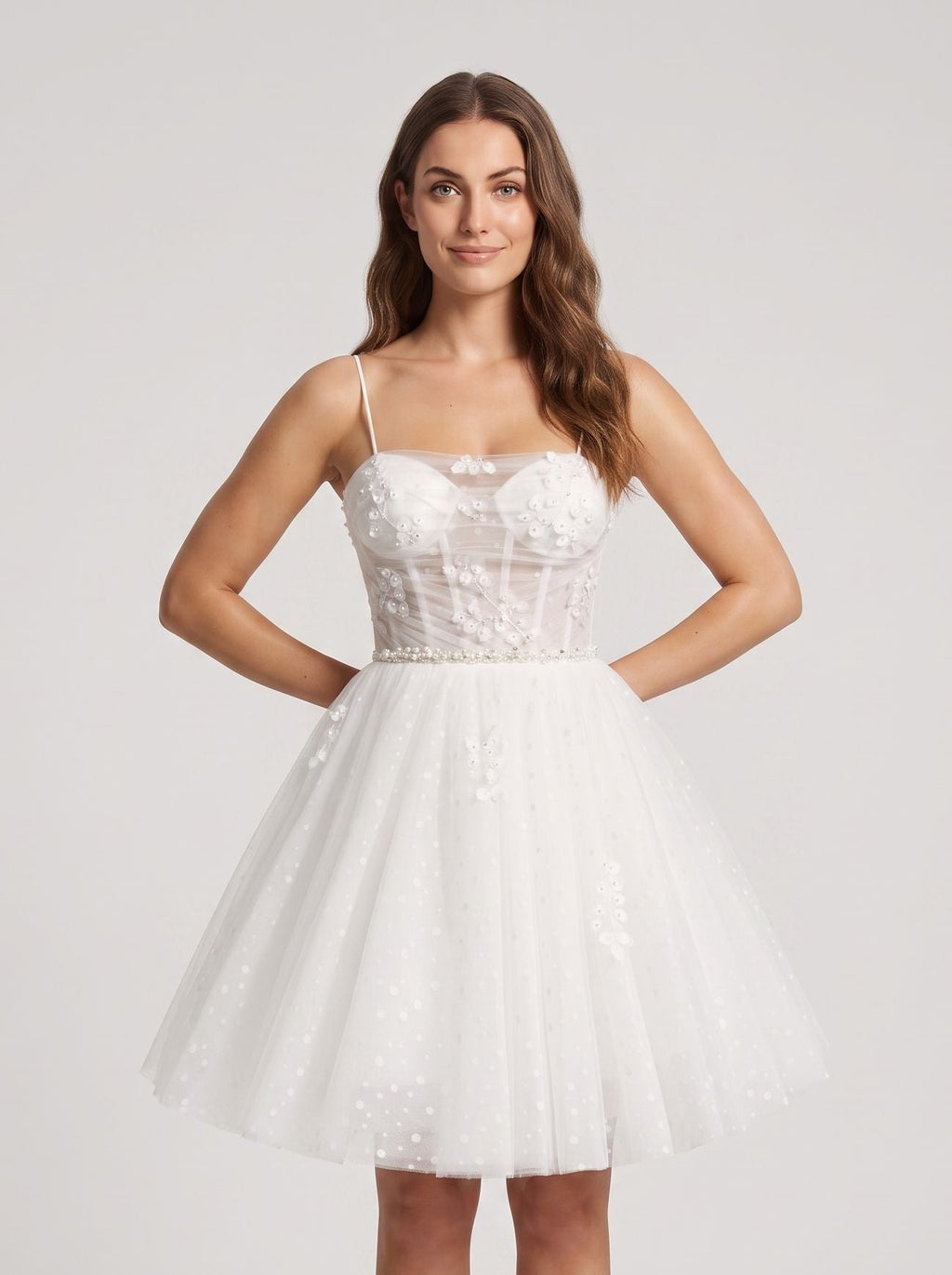 White Tulle A-Line Sweetheart Lace-up Short Dress with Applique Bodice