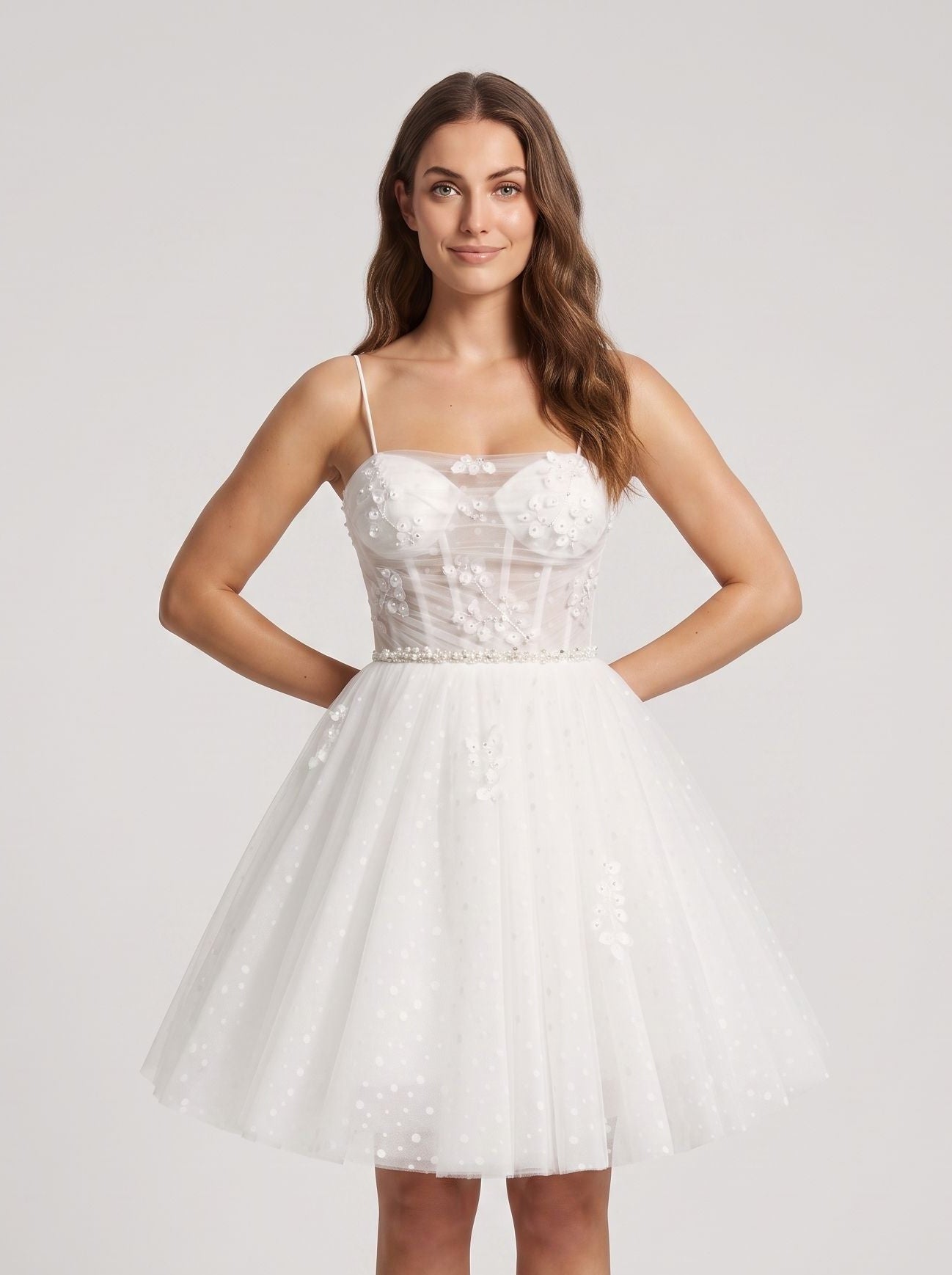 White Tulle A-Line Sweetheart Lace-up Short Dress with Applique Bodice