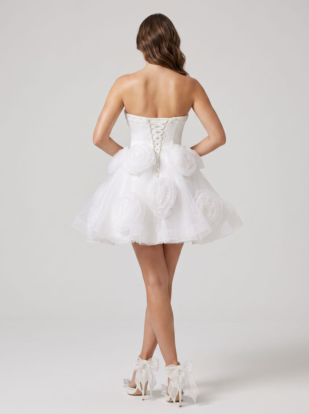 White Tulle A-Line Sweetheart Criss-Cross Straps Short Dress with 3D Flower