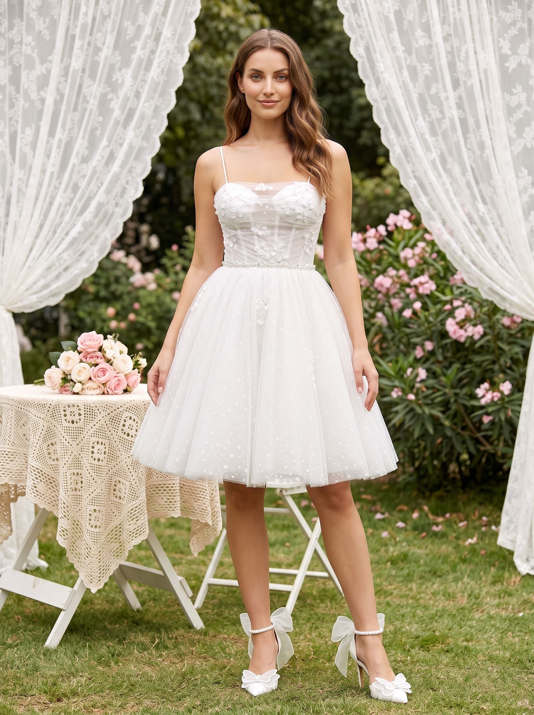 White Tulle A-Line Sweetheart Lace-up Short Dress with Applique Bodice