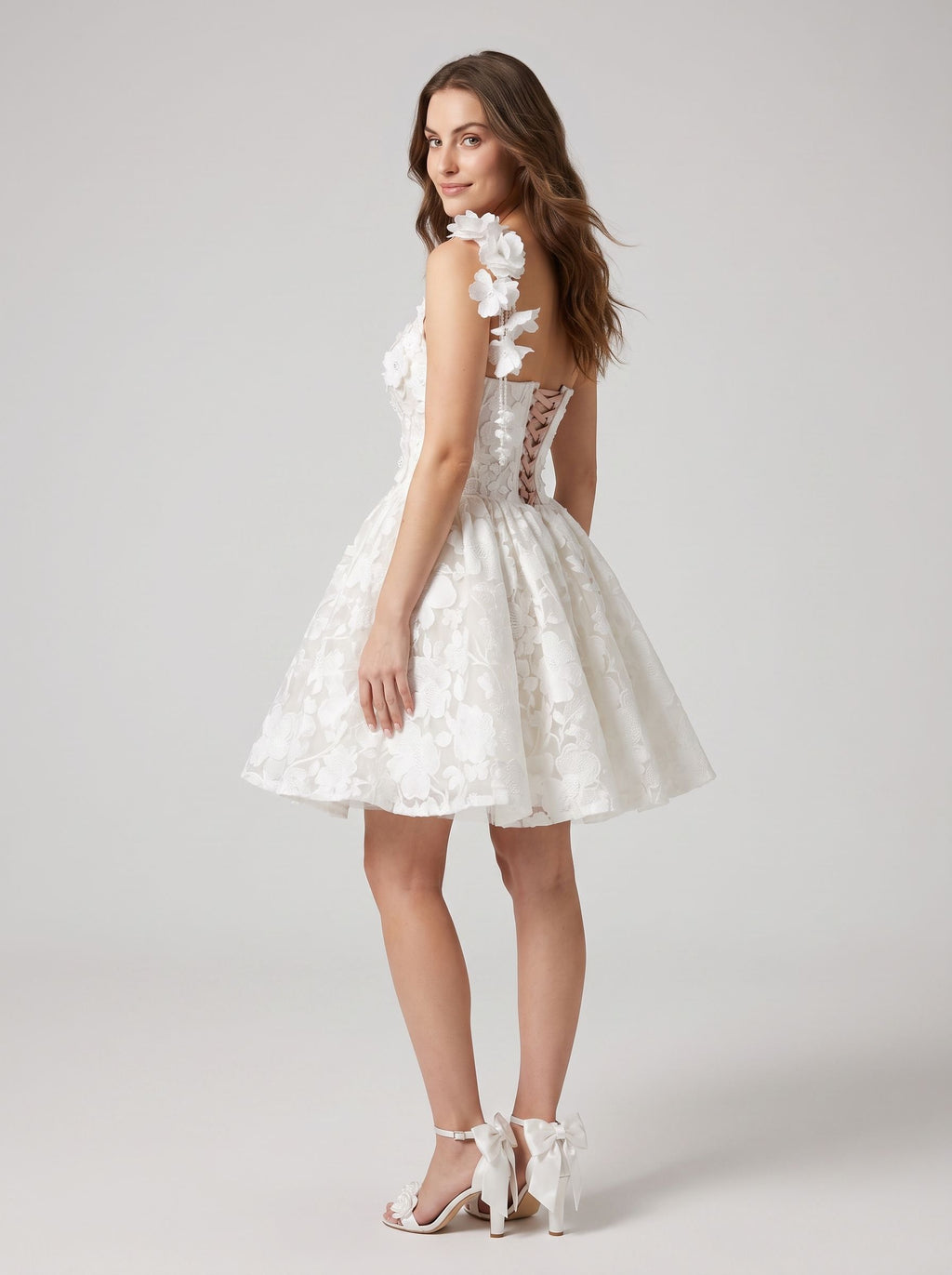 White Tulle A-Line Sweetheart Criss-Cross Straps Short Dress with 3D Flowers