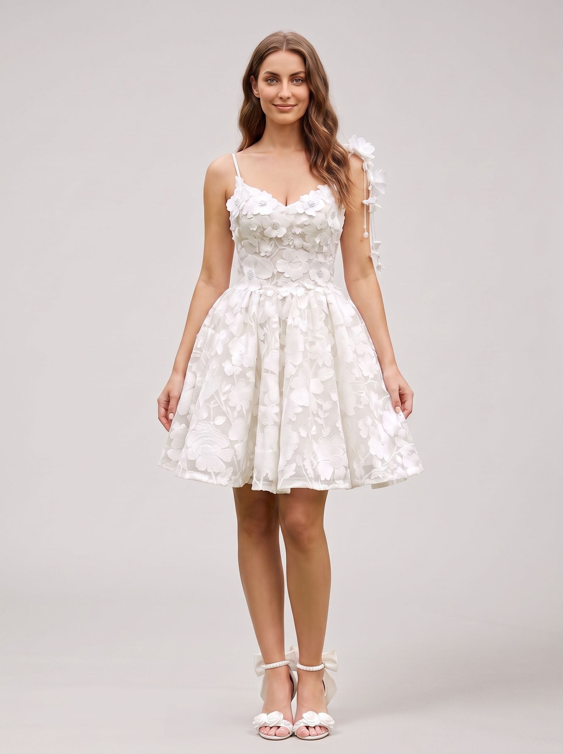 White Tulle A-Line Sweetheart Criss-Cross Straps Short Dress with 3D Flowers
