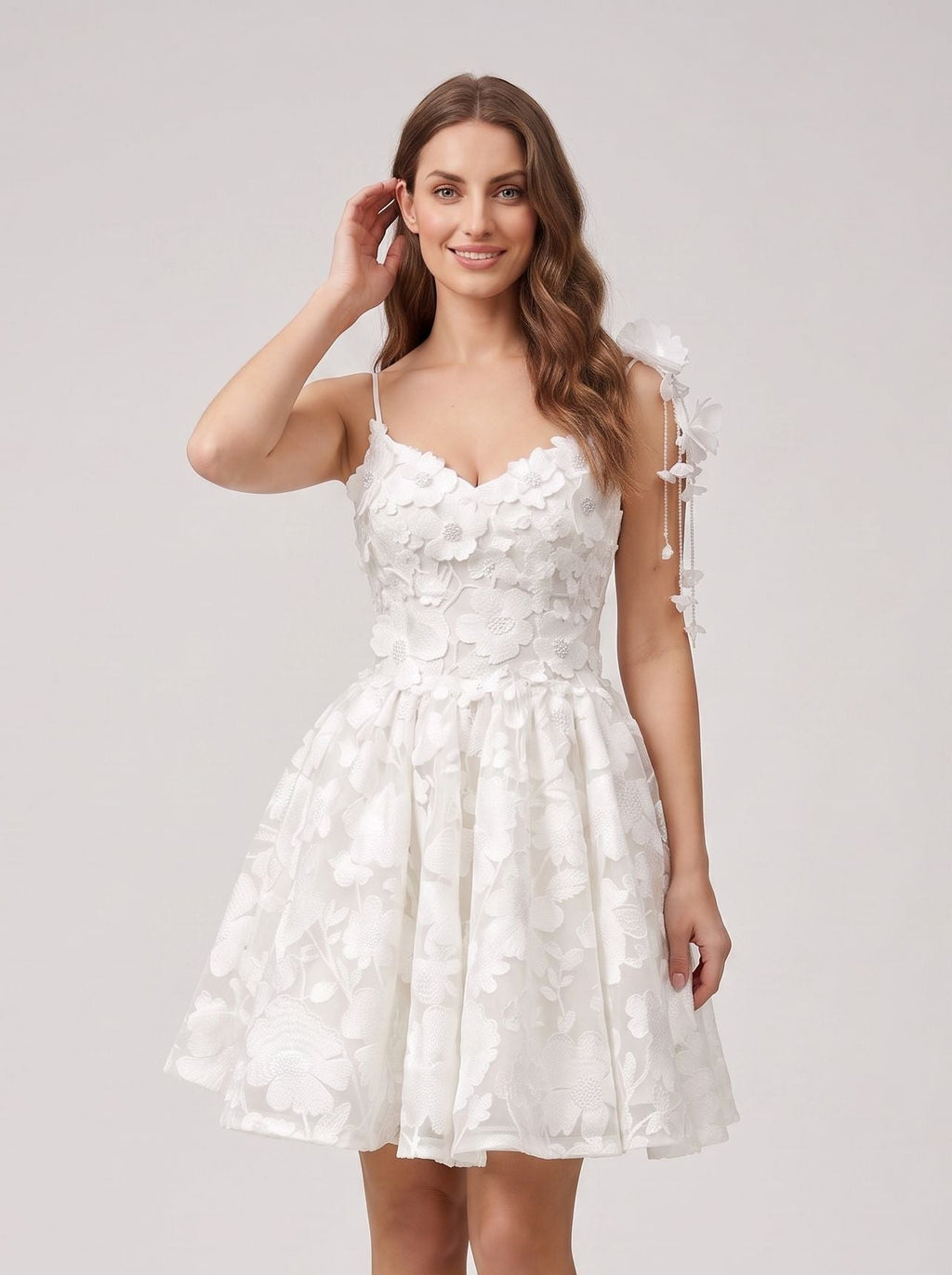 White Tulle A-Line Sweetheart Criss-Cross Straps Short Dress with 3D Flowers