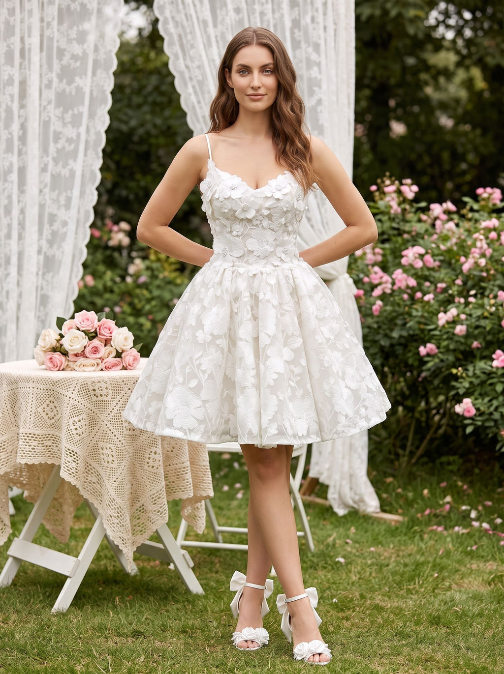 White Tulle A-Line Sweetheart Criss-Cross Straps Short Dress with 3D Flowers