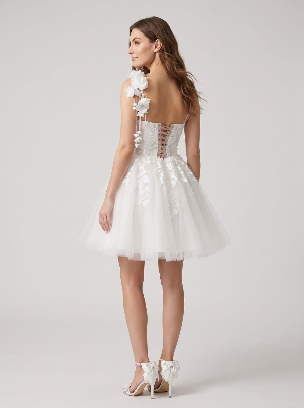 White Tulle A-Line Sweetheart Criss-Cross Straps Short Dress with 3D Flowers
