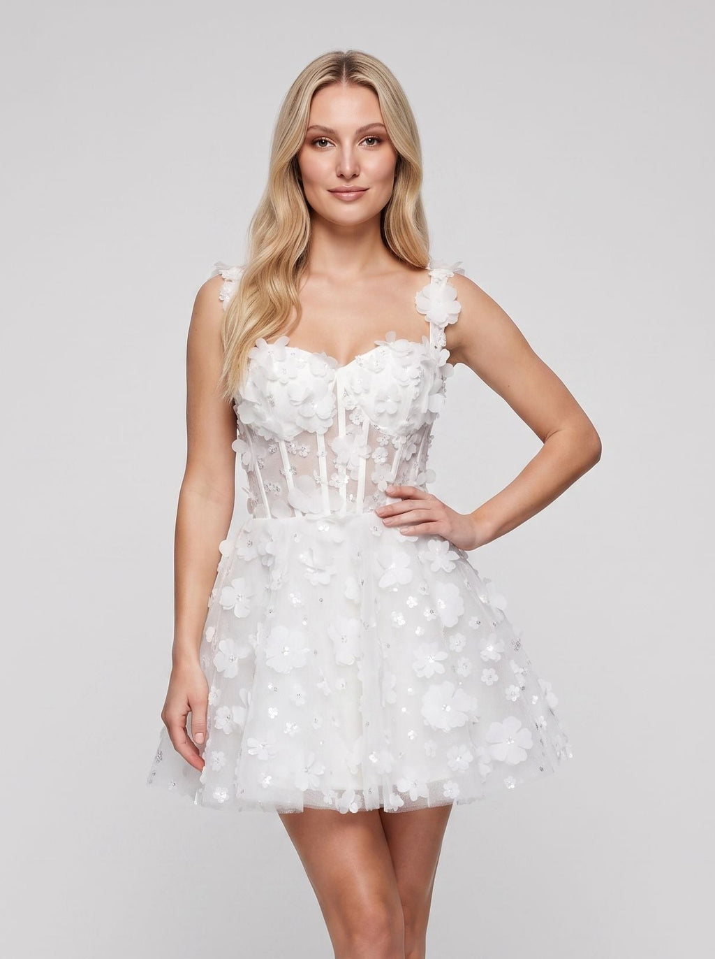 White Tulle A-Line Sweetheart Criss-Cross Straps Short Dress with 3D Floral Bodice