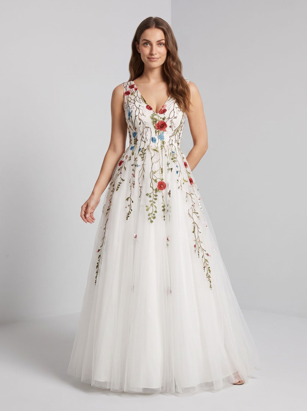 White Tulle and Lace A-Line V-Neck Back Zip Floor-Length Dress with Floral embroidery appliques