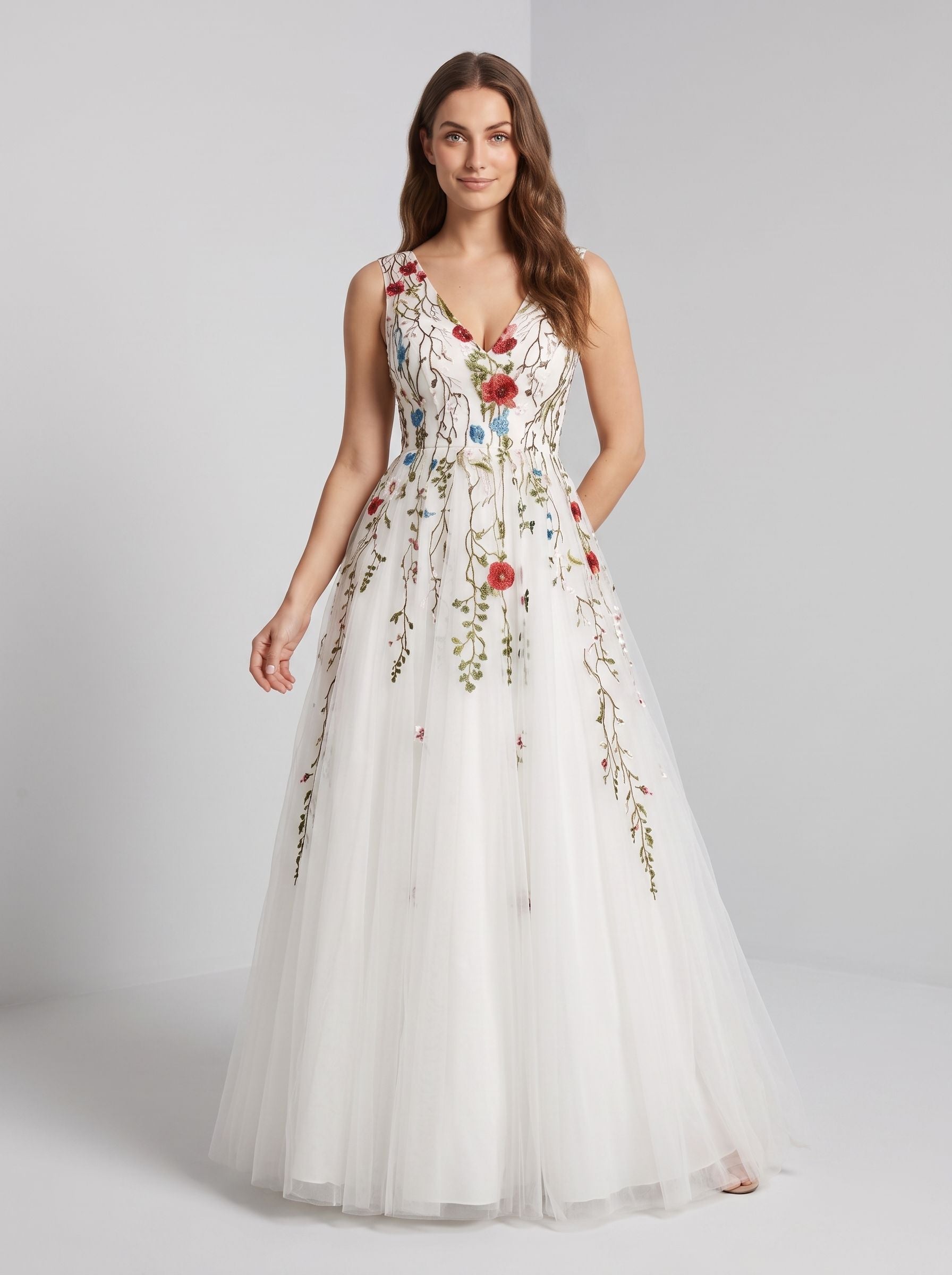 White Tulle and Lace A-Line V-Neck Back Zip Floor-Length Dress with Floral embroidery appliques