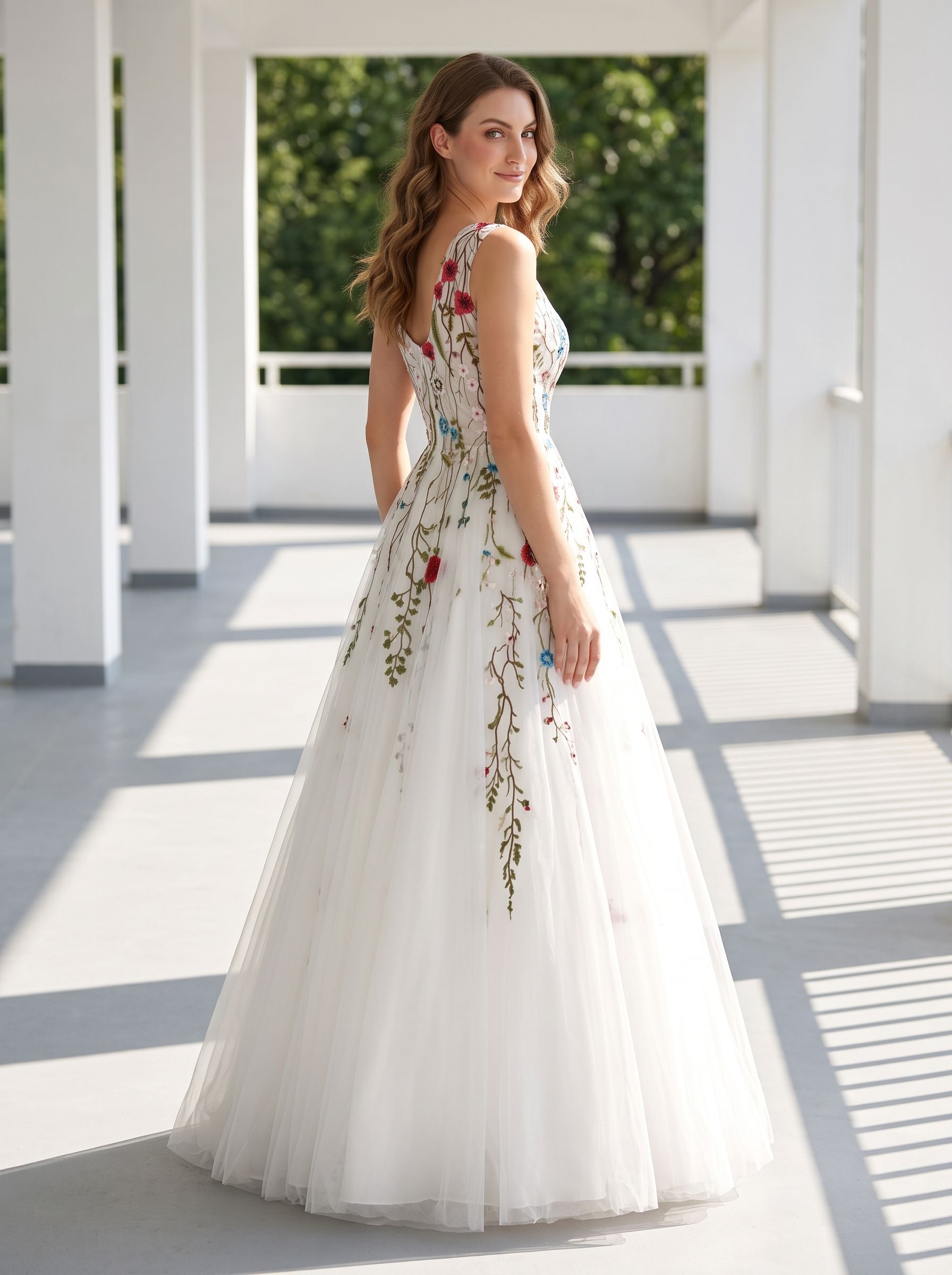 White Tulle and Lace A-Line V-Neck Back Zip Floor-Length Dress with Floral embroidery appliques