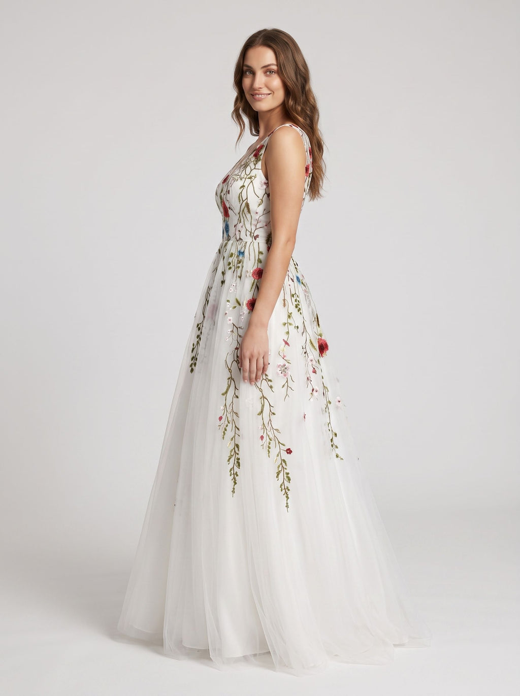 White Tulle and Lace A-Line V-Neck Back Zip Floor-Length Dress with Floral embroidery appliques