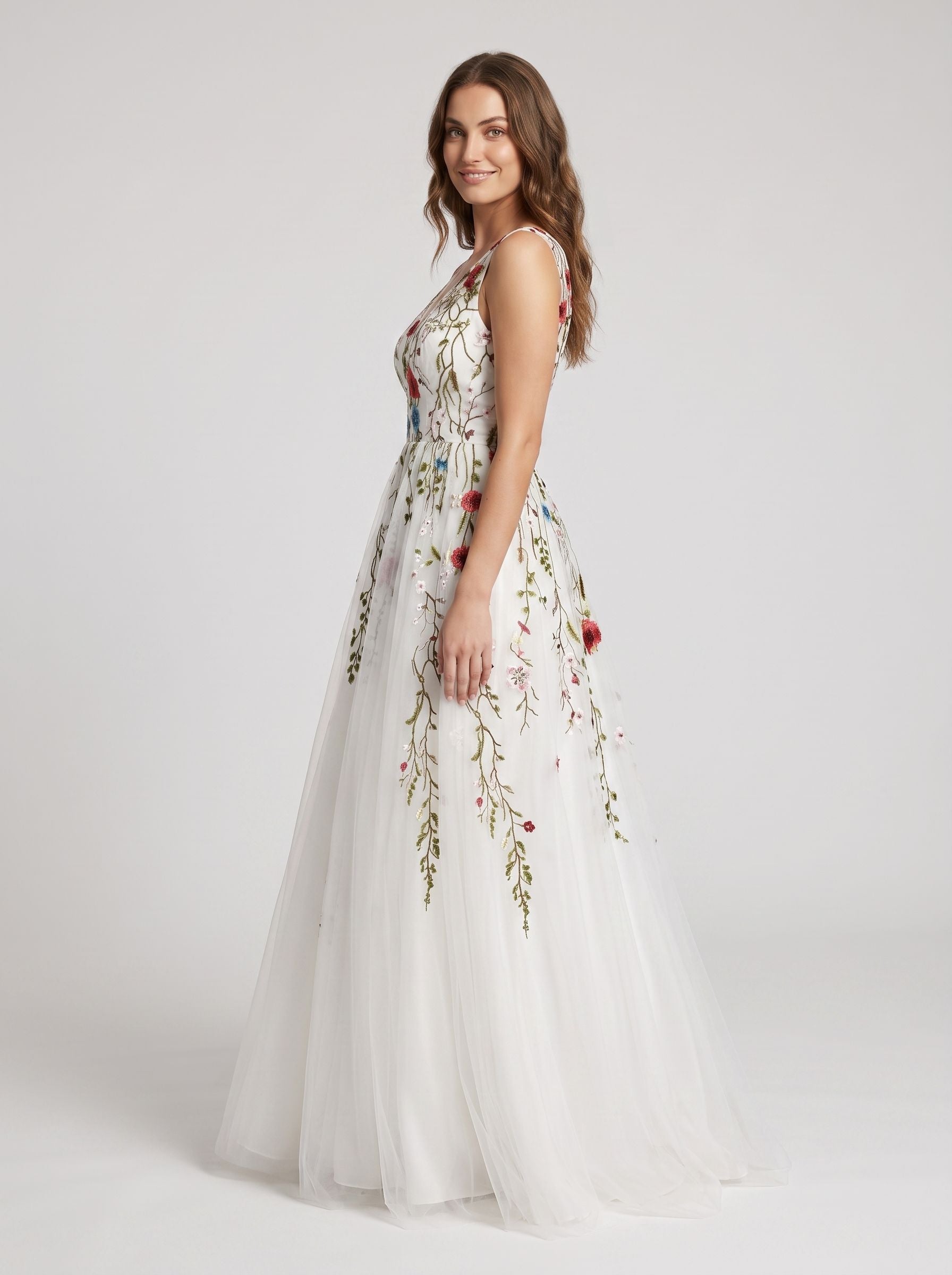 White Tulle and Lace A-Line V-Neck Back Zip Floor-Length Dress with Floral embroidery appliques